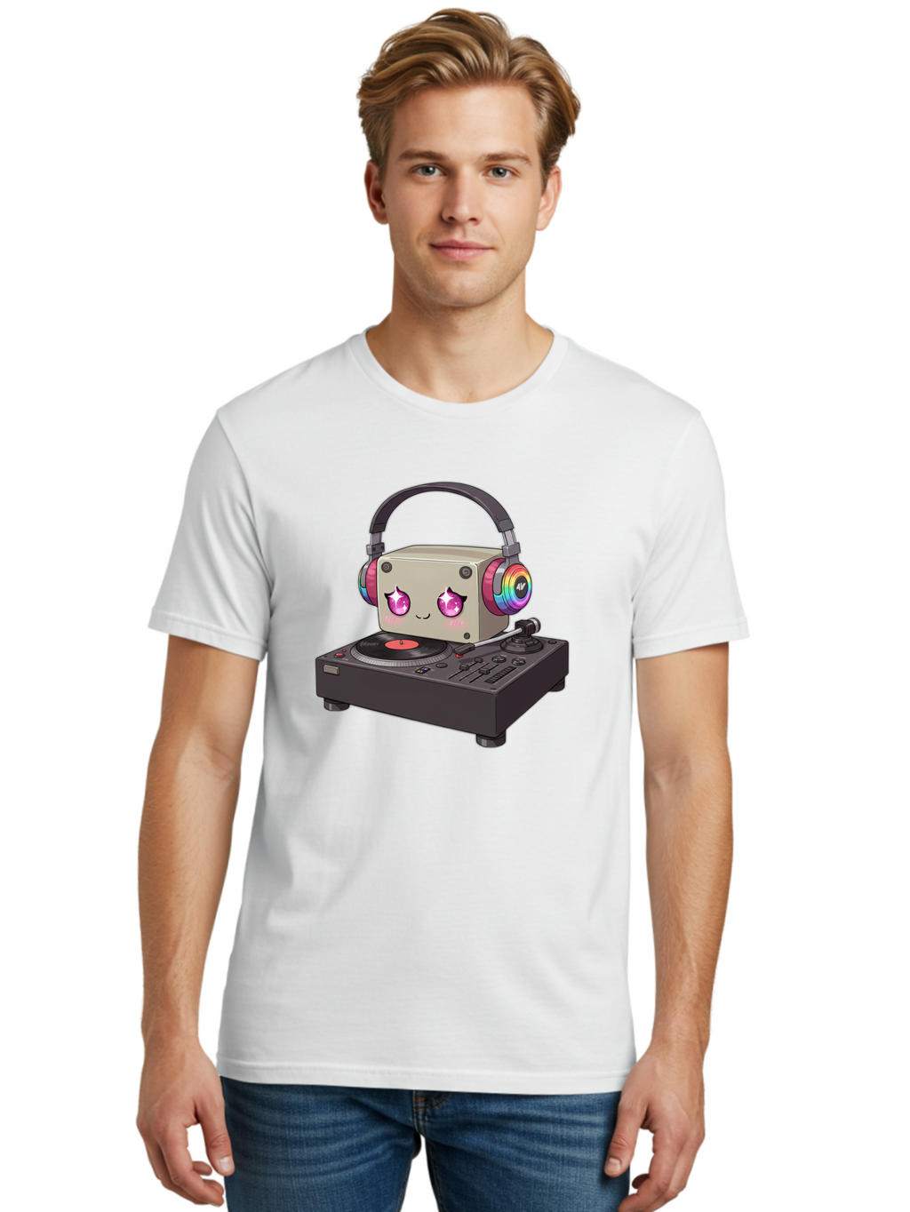 Dj-Mixer Men'S Graphic Tee, 100% Cotton, Comfortable Casual Summer Wear, Machine Washable, Cartoon Boombox, Dj Equipment, Vinyl Record, Music Headphones, Colorful Accents, Kawaii Style, Music Production, Electronic Dance Music, Dj Culture Bad042
