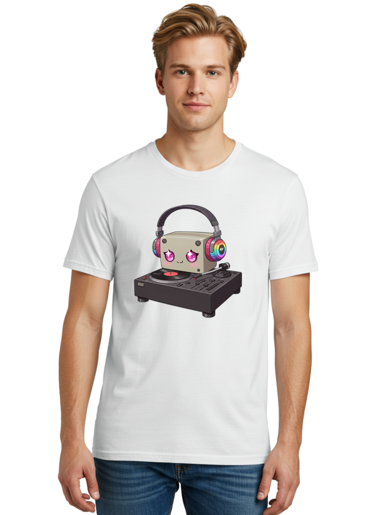 Dj-Mixer Men'S Graphic Tee, 100% Cotton, Comfortable Casual Summer Wear, Machine Washable, Cartoon Boombox, Dj Equipment, Vinyl Record, Music Headphones, Colorful Accents, Kawaii Style, Music Production, Electronic Dance Music, Dj Culture Bad042