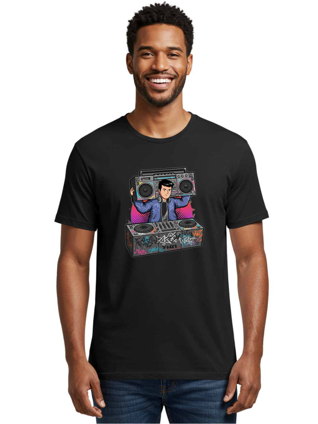 Dj-Mixing-1 Men'S Graphic Tee, 100% Cotton, Comfortable Casual Summer Wear, Machine Washable, Dj Spinning Tracks, Boombox Stereo, Graffiti Art, Turntables Mix, Dj Controller, Electronic Dance Music, Vibrant Colors, Urban Culture, Bad043