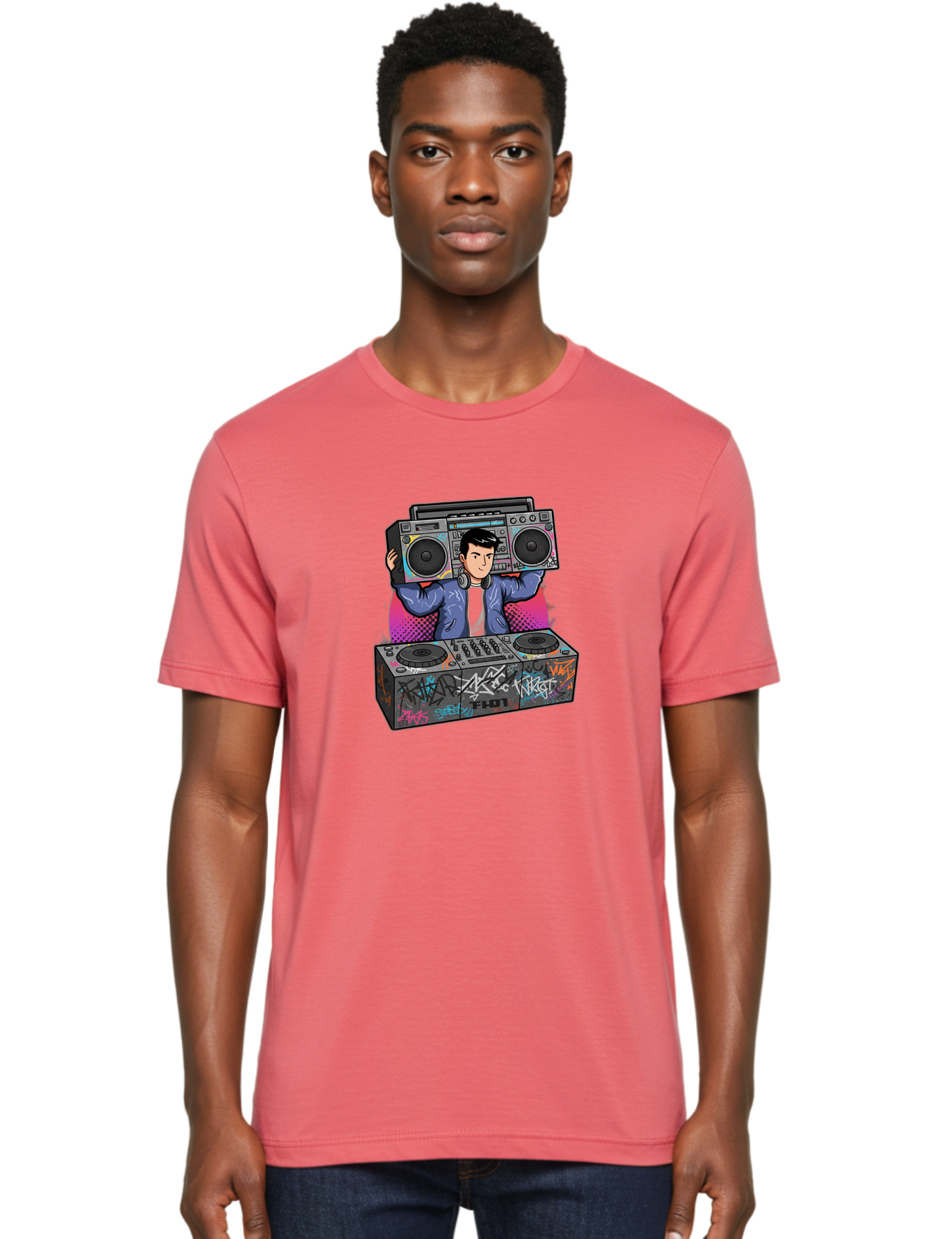 Dj-Mixing-1 Men'S Graphic Tee, 100% Cotton, Comfortable Casual Summer Wear, Machine Washable, Dj Spinning Tracks, Boombox Stereo, Graffiti Art, Turntables Mix, Dj Controller, Electronic Dance Music, Vibrant Colors, Urban Culture, Bad043