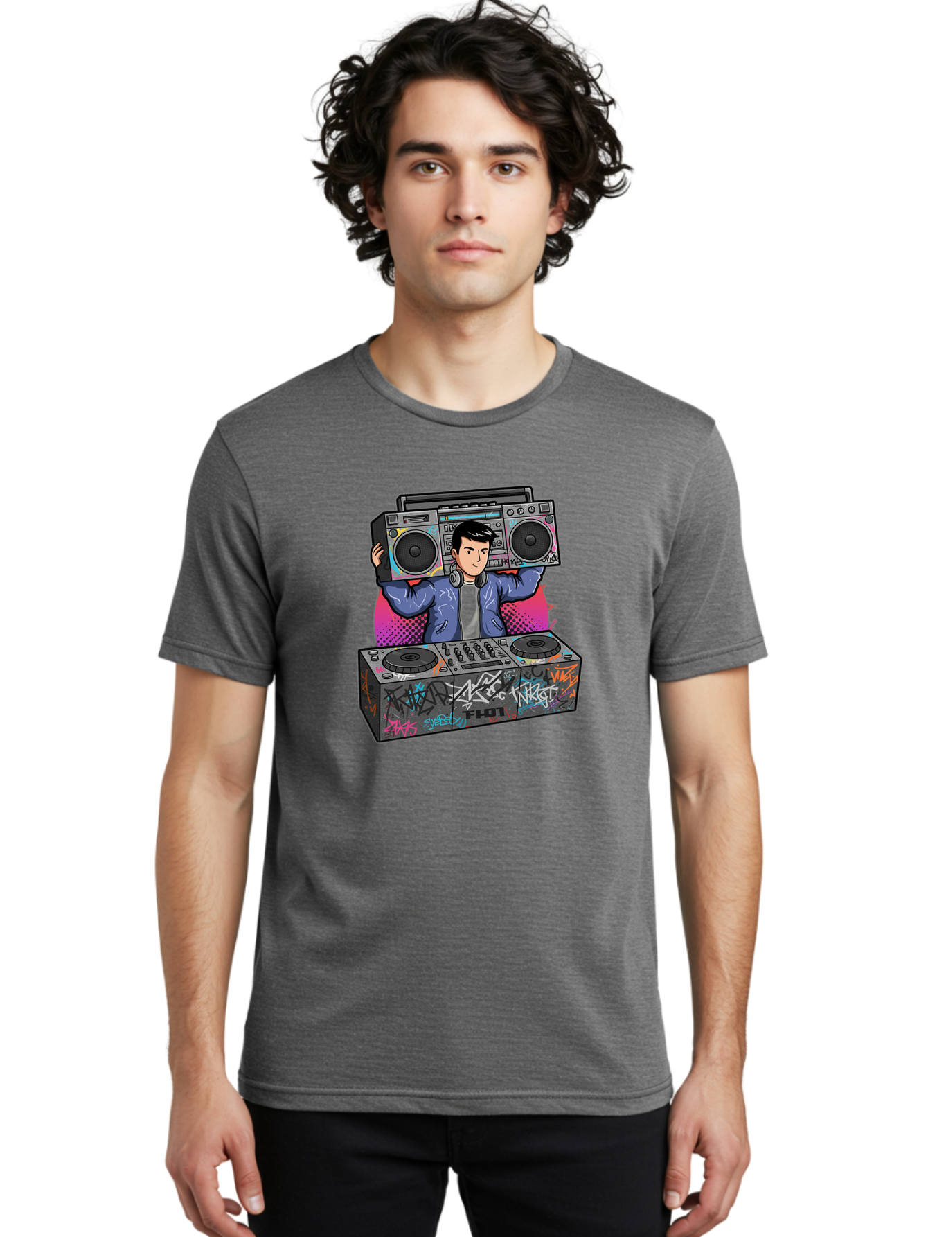 Dj-Mixing-1 Men'S Graphic Tee, 100% Cotton, Comfortable Casual Summer Wear, Machine Washable, Dj Spinning Tracks, Boombox Stereo, Graffiti Art, Turntables Mix, Dj Controller, Electronic Dance Music, Vibrant Colors, Urban Culture, Bad043