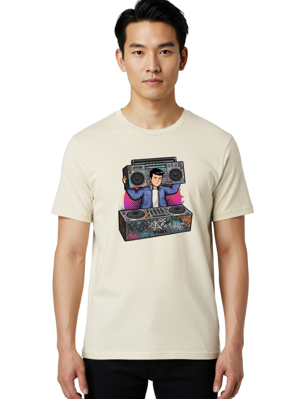 Dj-Mixing-1 Men'S Graphic Tee, 100% Cotton, Comfortable Casual Summer Wear, Machine Washable, Dj Spinning Tracks, Boombox Stereo, Graffiti Art, Turntables Mix, Dj Controller, Electronic Dance Music, Vibrant Colors, Urban Culture, Bad043
