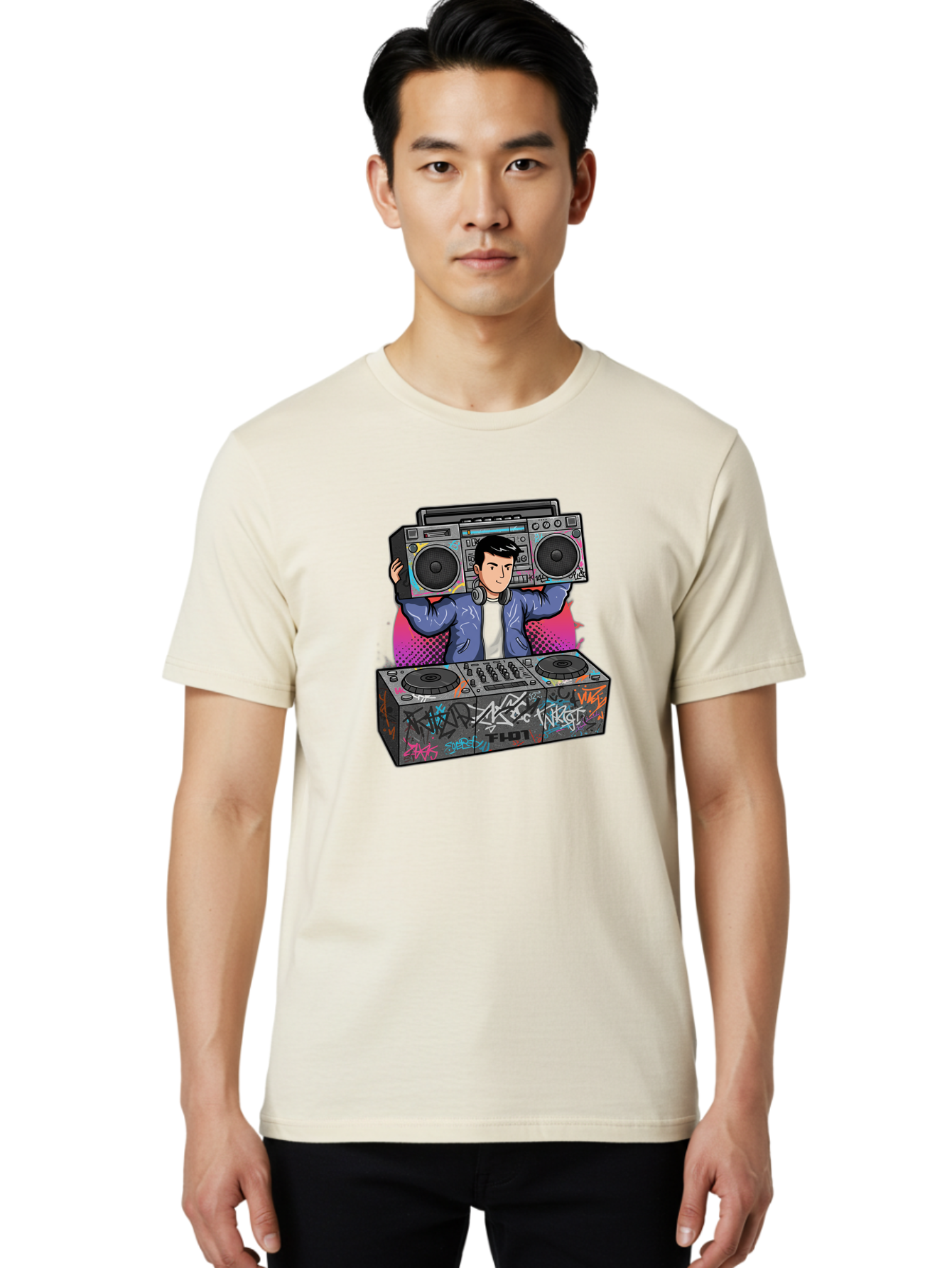 Dj-Mixing-1 Men'S Graphic Tee, 100% Cotton, Comfortable Casual Summer Wear, Machine Washable, Dj Spinning Tracks, Boombox Stereo, Graffiti Art, Turntables Mix, Dj Controller, Electronic Dance Music, Vibrant Colors, Urban Culture, Bad043