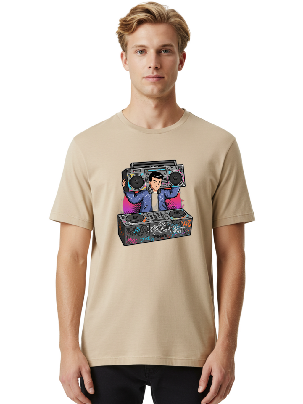 Dj-Mixing-1 Men'S Graphic Tee, 100% Cotton, Comfortable Casual Summer Wear, Machine Washable, Dj Spinning Tracks, Boombox Stereo, Graffiti Art, Turntables Mix, Dj Controller, Electronic Dance Music, Vibrant Colors, Urban Culture, Bad043