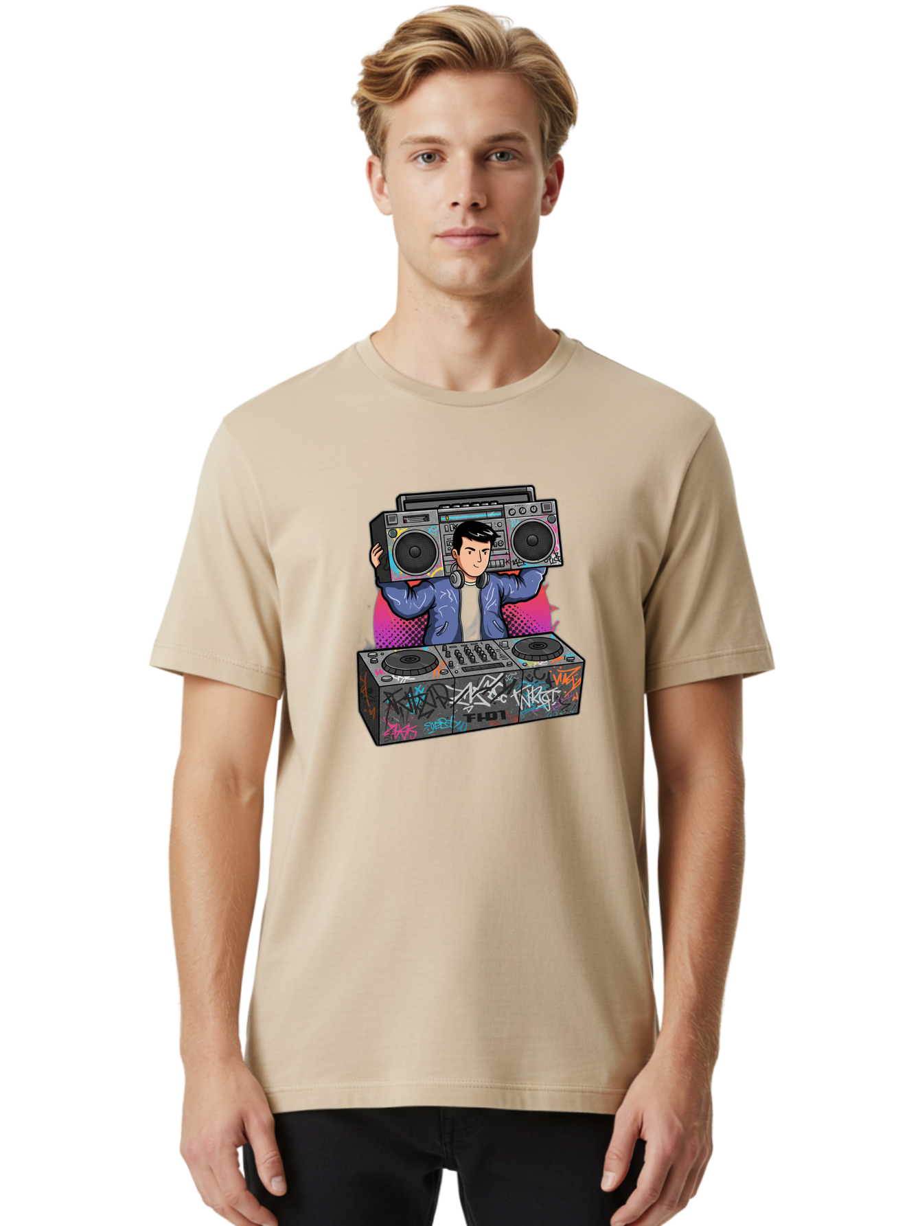 Dj-Mixing-1 Men'S Graphic Tee, 100% Cotton, Comfortable Casual Summer Wear, Machine Washable, Dj Spinning Tracks, Boombox Stereo, Graffiti Art, Turntables Mix, Dj Controller, Electronic Dance Music, Vibrant Colors, Urban Culture, Bad043