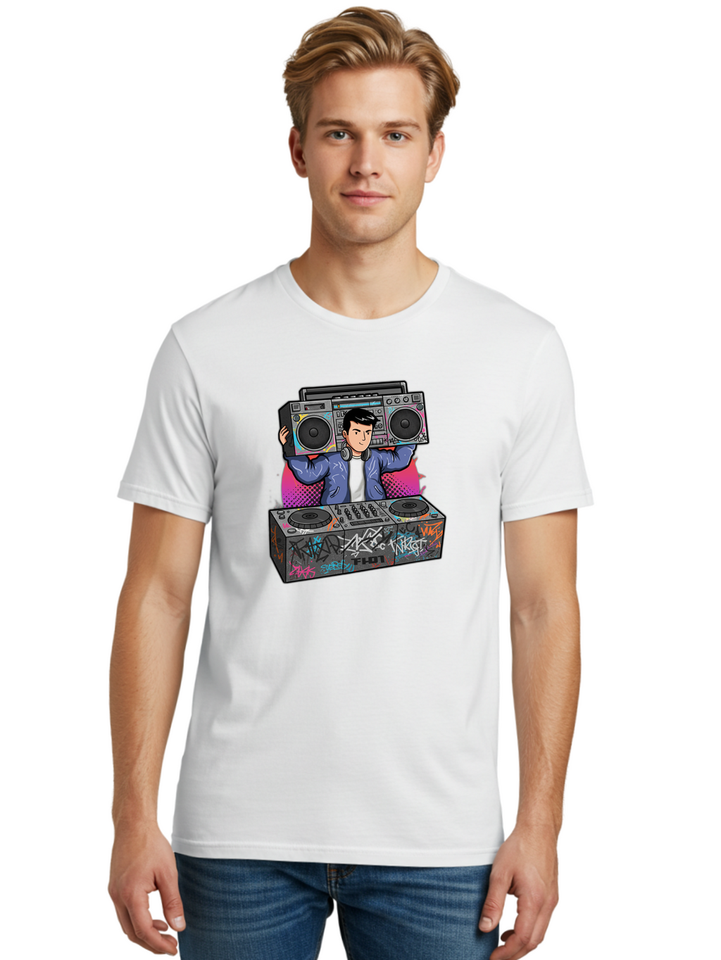 Dj-Mixing-1 Men'S Graphic Tee, 100% Cotton, Comfortable Casual Summer Wear, Machine Washable, Dj Spinning Tracks, Boombox Stereo, Graffiti Art, Turntables Mix, Dj Controller, Electronic Dance Music, Vibrant Colors, Urban Culture, Bad043