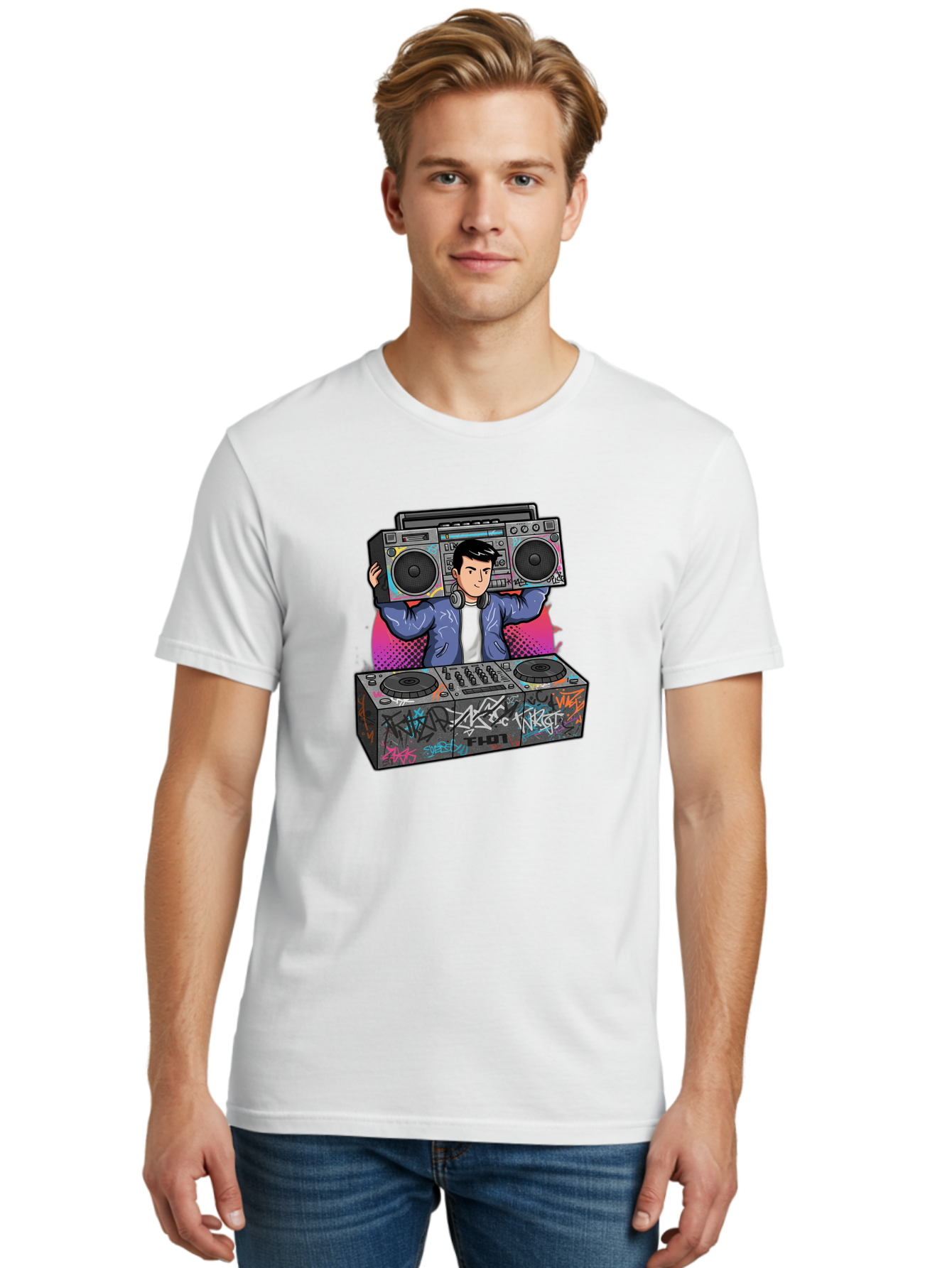 Dj-Mixing-1 Men'S Graphic Tee, 100% Cotton, Comfortable Casual Summer Wear, Machine Washable, Dj Spinning Tracks, Boombox Stereo, Graffiti Art, Turntables Mix, Dj Controller, Electronic Dance Music, Vibrant Colors, Urban Culture, Bad043