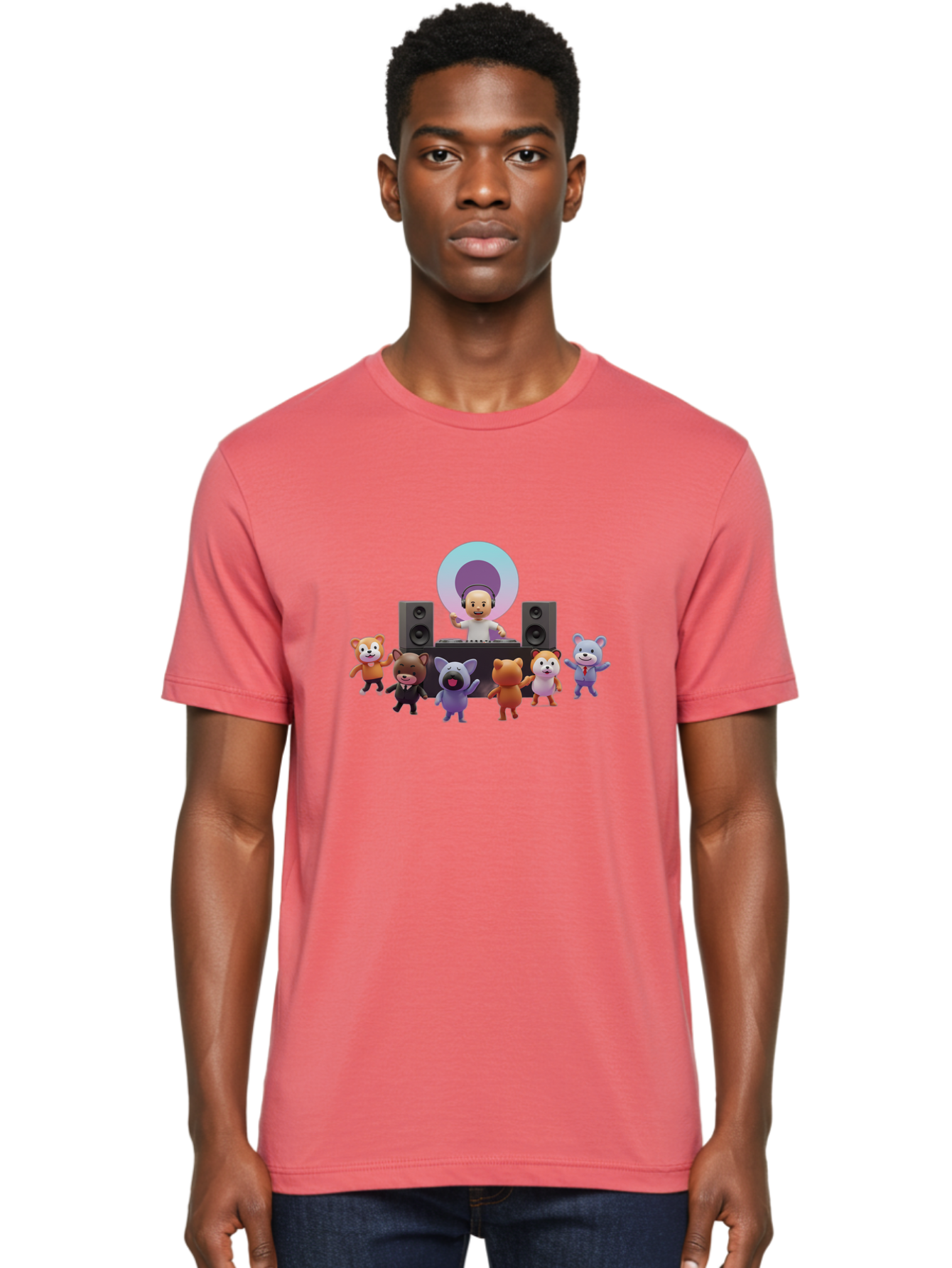 Dj-With-Animal-Friends Men'S Graphic Tee, 100% Cotton, Comfortable Casual Summer Wear, Machine Washable, Dj Spinning Tracks, Cartoon Animals Dancing, Fun Party Vibe, Music Festival Atmosphere, Happy Cartoon Characters, Dancing Bears, Fox, Bad047