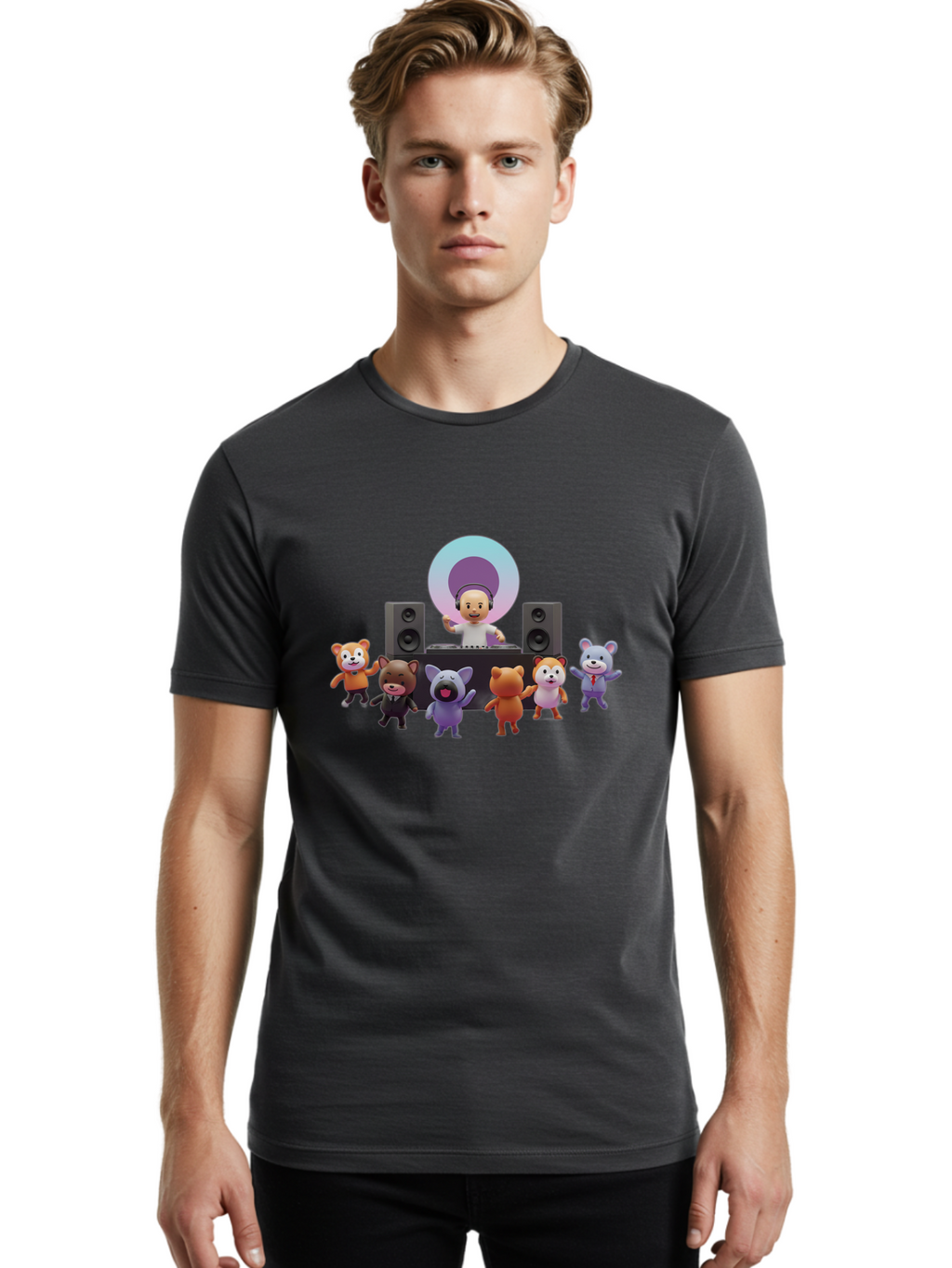 Dj-With-Animal-Friends Men'S Graphic Tee, 100% Cotton, Comfortable Casual Summer Wear, Machine Washable, Dj Spinning Tracks, Cartoon Animals Dancing, Fun Party Vibe, Music Festival Atmosphere, Happy Cartoon Characters, Dancing Bears, Fox, Bad047