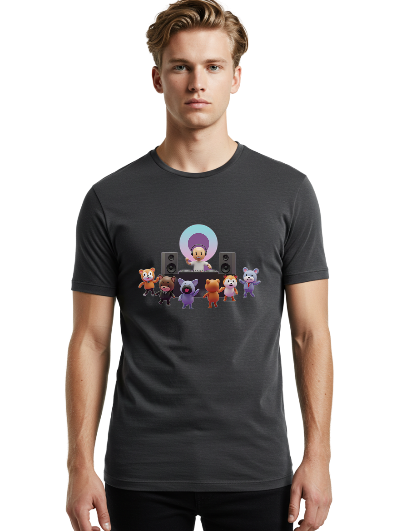 Dj-With-Animal-Friends Men'S Graphic Tee, 100% Cotton, Comfortable Casual Summer Wear, Machine Washable, Dj Spinning Tracks, Cartoon Animals Dancing, Fun Party Vibe, Music Festival Atmosphere, Happy Cartoon Characters, Dancing Bears, Fox, Bad047