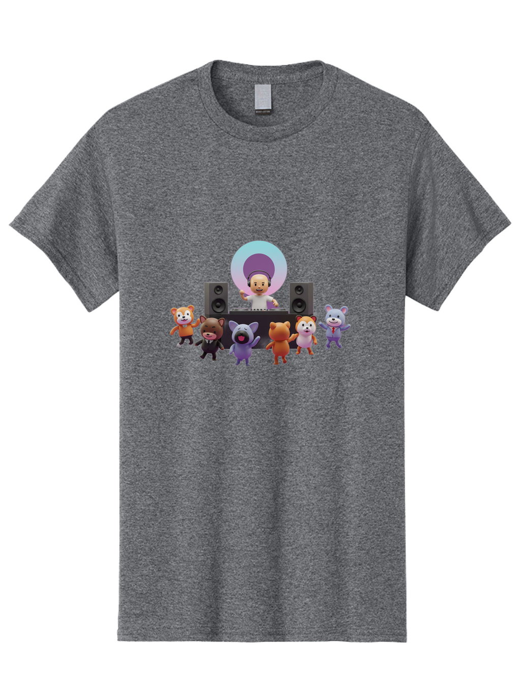 Dj-With-Animal-Friends Men'S Graphic Tee, 100% Cotton, Comfortable Casual Summer Wear, Machine Washable, Dj Spinning Tracks, Cartoon Animals Dancing, Fun Party Vibe, Music Festival Atmosphere, Happy Cartoon Characters, Dancing Bears, Fox, Bad047