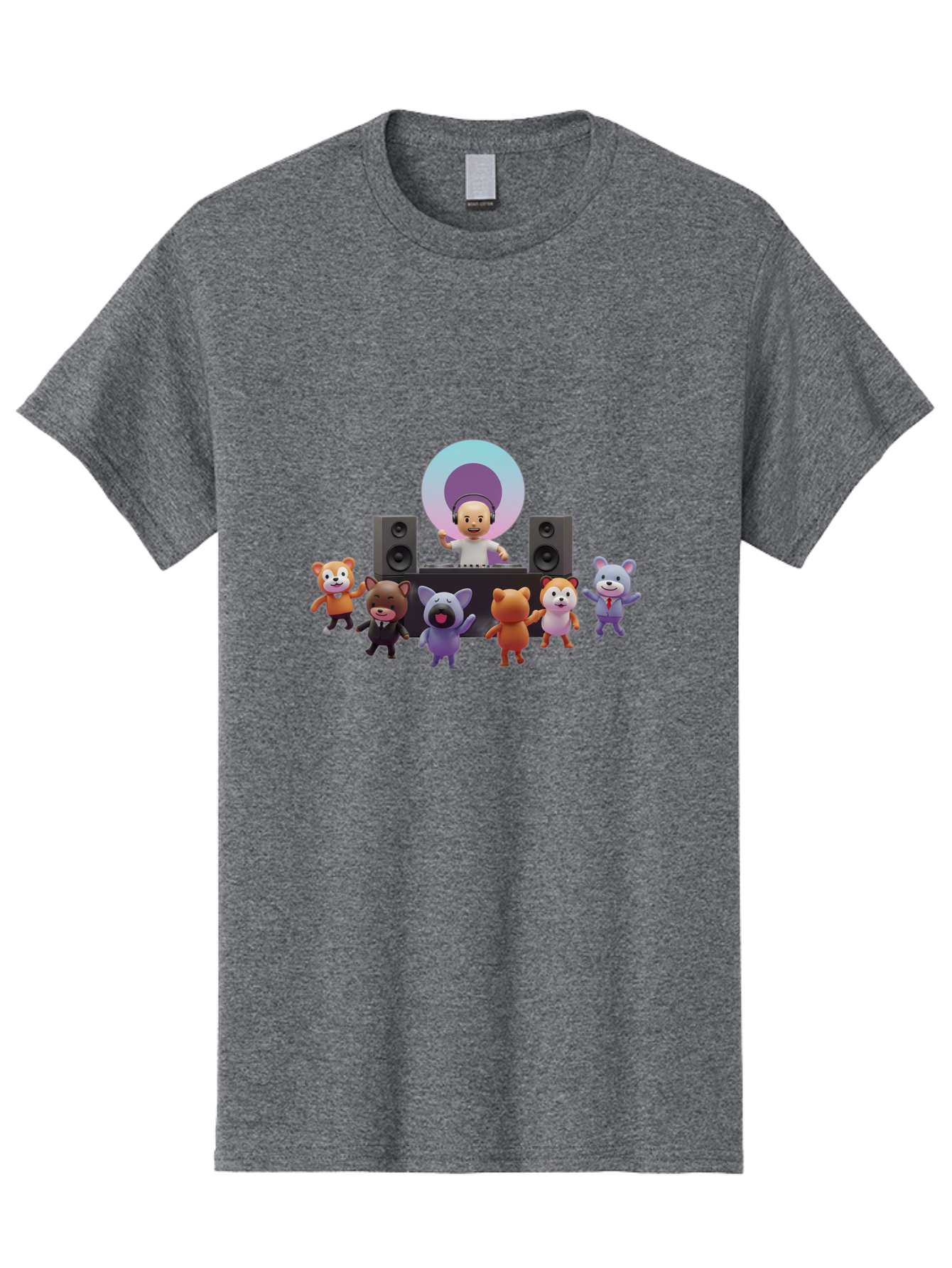 Dj-With-Animal-Friends Men'S Graphic Tee, 100% Cotton, Comfortable Casual Summer Wear, Machine Washable, Dj Spinning Tracks, Cartoon Animals Dancing, Fun Party Vibe, Music Festival Atmosphere, Happy Cartoon Characters, Dancing Bears, Fox, Bad047