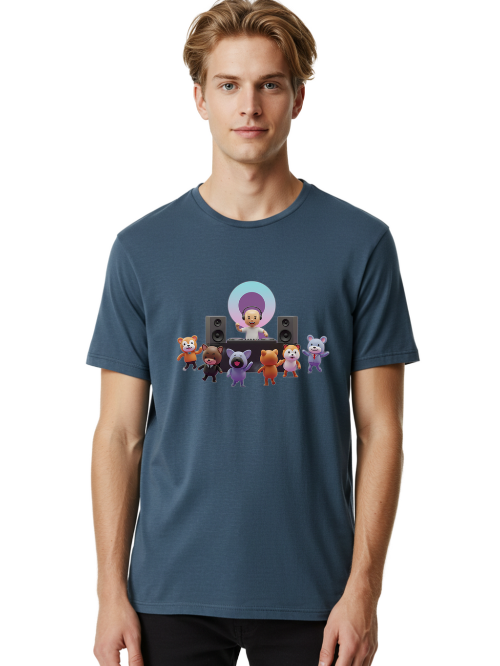 Dj-With-Animal-Friends Men'S Graphic Tee, 100% Cotton, Comfortable Casual Summer Wear, Machine Washable, Dj Spinning Tracks, Cartoon Animals Dancing, Fun Party Vibe, Music Festival Atmosphere, Happy Cartoon Characters, Dancing Bears, Fox, Bad047