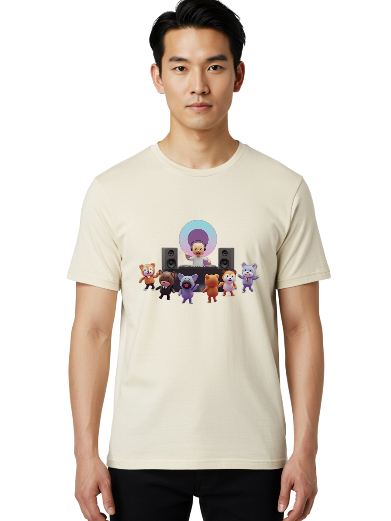 Dj-With-Animal-Friends Men'S Graphic Tee, 100% Cotton, Comfortable Casual Summer Wear, Machine Washable, Dj Spinning Tracks, Cartoon Animals Dancing, Fun Party Vibe, Music Festival Atmosphere, Happy Cartoon Characters, Dancing Bears, Fox, Bad047