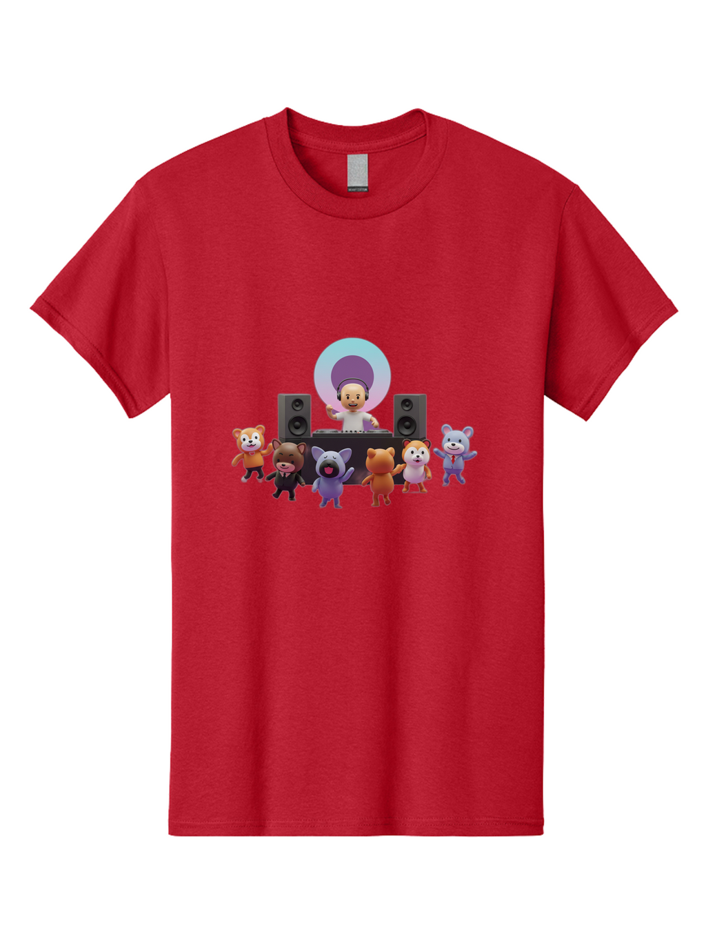Dj-With-Animal-Friends Men'S Graphic Tee, 100% Cotton, Comfortable Casual Summer Wear, Machine Washable, Dj Spinning Tracks, Cartoon Animals Dancing, Fun Party Vibe, Music Festival Atmosphere, Happy Cartoon Characters, Dancing Bears, Fox, Bad047