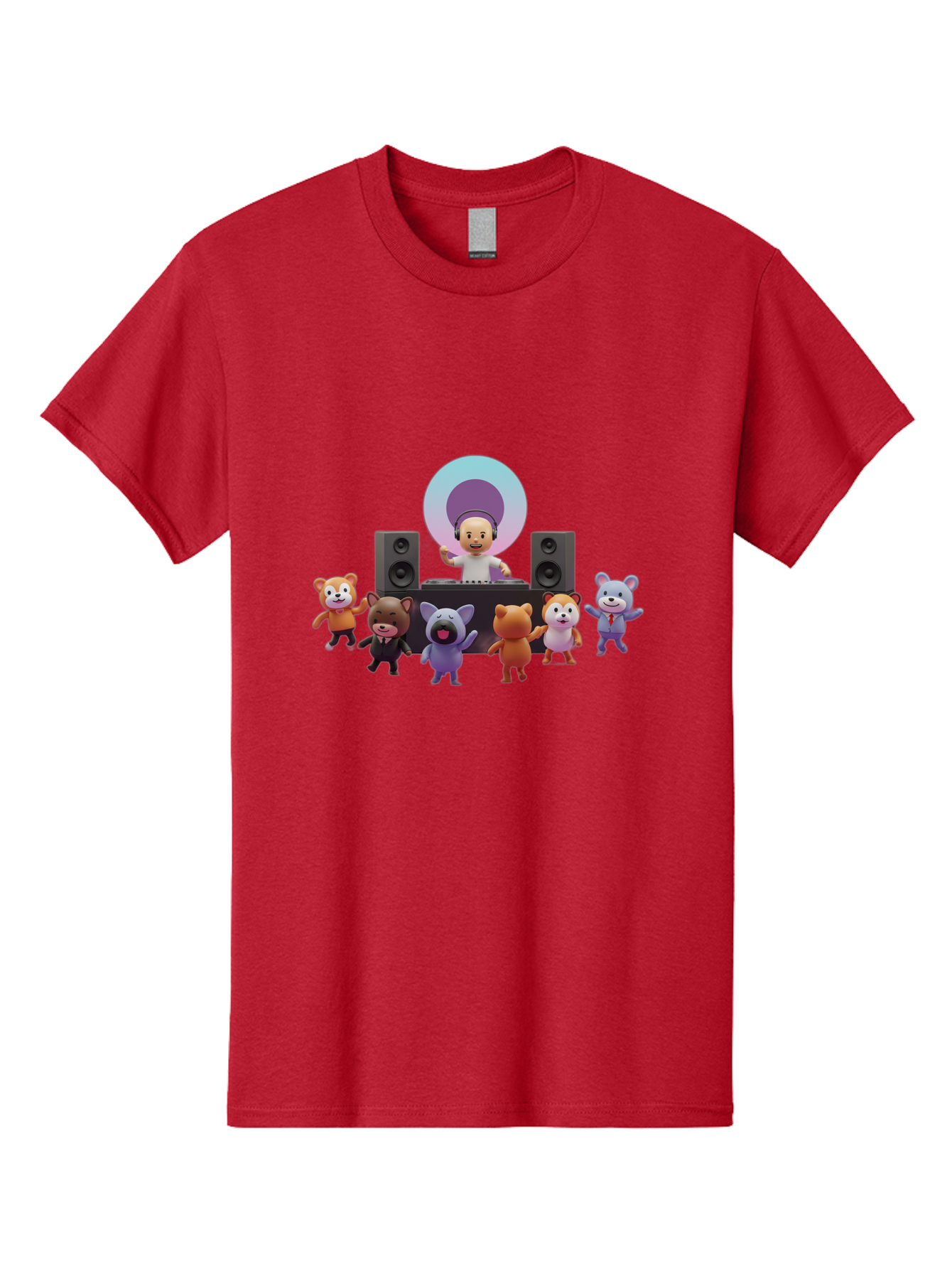 Dj-With-Animal-Friends Men'S Graphic Tee, 100% Cotton, Comfortable Casual Summer Wear, Machine Washable, Dj Spinning Tracks, Cartoon Animals Dancing, Fun Party Vibe, Music Festival Atmosphere, Happy Cartoon Characters, Dancing Bears, Fox, Bad047