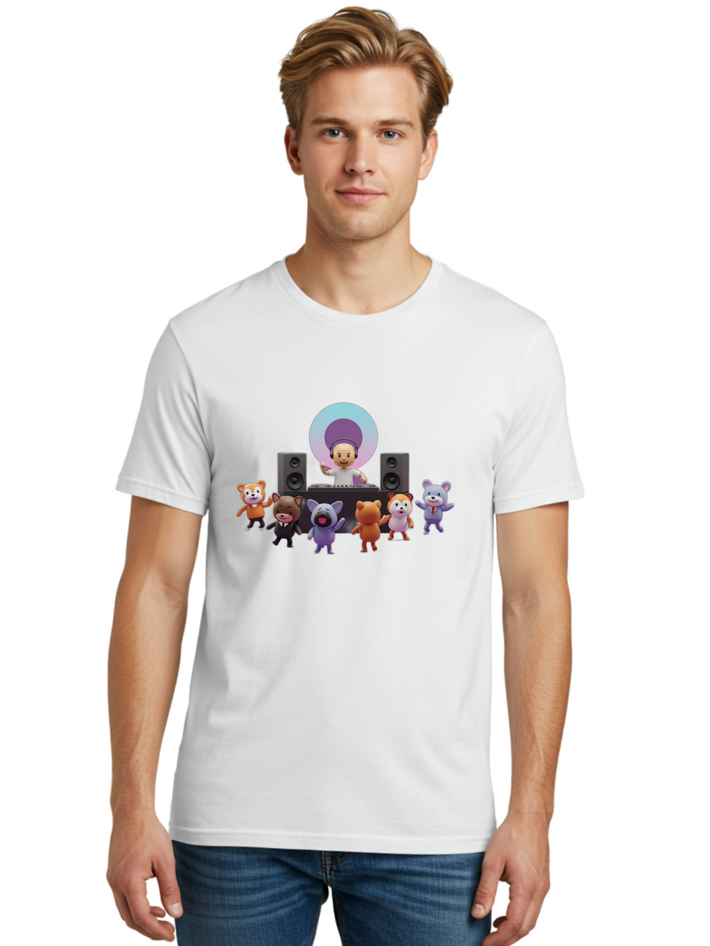 Dj-With-Animal-Friends Men'S Graphic Tee, 100% Cotton, Comfortable Casual Summer Wear, Machine Washable, Dj Spinning Tracks, Cartoon Animals Dancing, Fun Party Vibe, Music Festival Atmosphere, Happy Cartoon Characters, Dancing Bears, Fox, Bad047