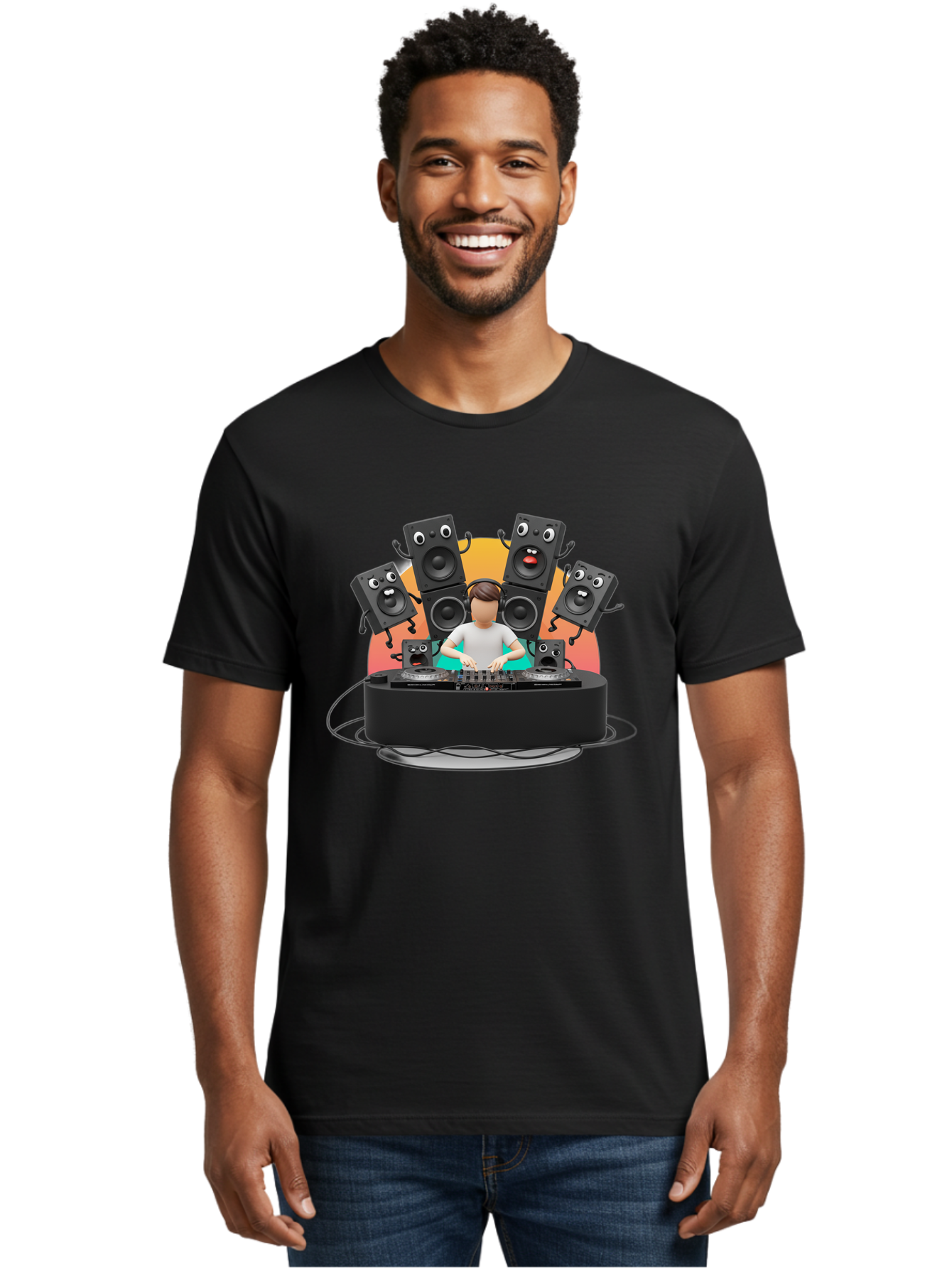Dj-With-Funny-Speakers Men'S Graphic Tee, 100% Cotton, Comfortable Casual Summer Wear, Machine Washable, Dj Mixing Music On Turntables, Speaker Systems, Cartoon-Style Speakers With Faces, Electronic Dance Music, Sound Equipment, Dj Setup, Bad048