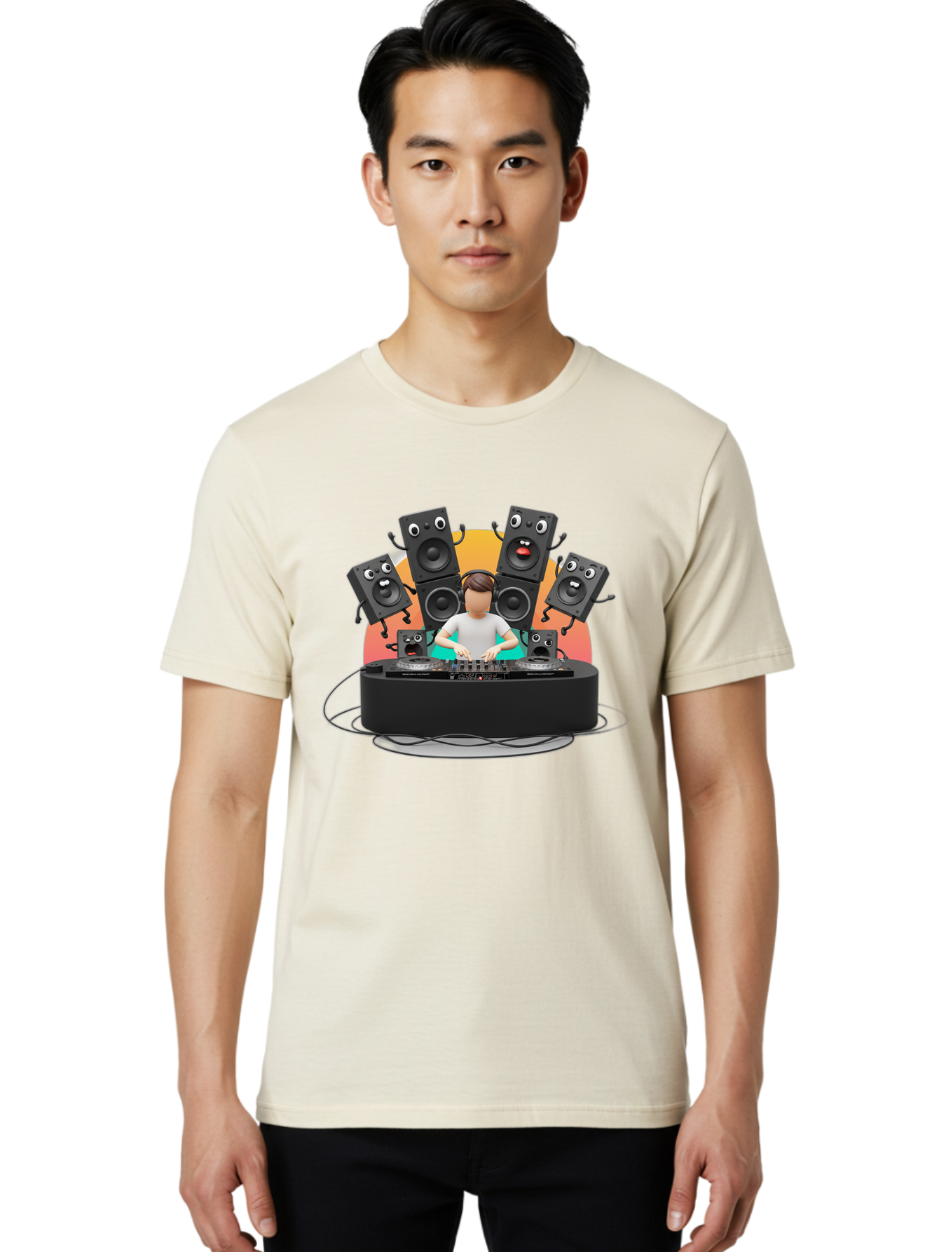 Dj-With-Funny-Speakers Men'S Graphic Tee, 100% Cotton, Comfortable Casual Summer Wear, Machine Washable, Dj Mixing Music On Turntables, Speaker Systems, Cartoon-Style Speakers With Faces, Electronic Dance Music, Sound Equipment, Dj Setup, Bad048