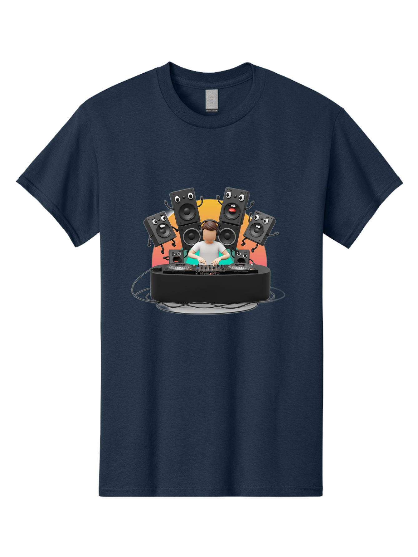 Dj-With-Funny-Speakers Men'S Graphic Tee, 100% Cotton, Comfortable Casual Summer Wear, Machine Washable, Dj Mixing Music On Turntables, Speaker Systems, Cartoon-Style Speakers With Faces, Electronic Dance Music, Sound Equipment, Dj Setup, Bad048