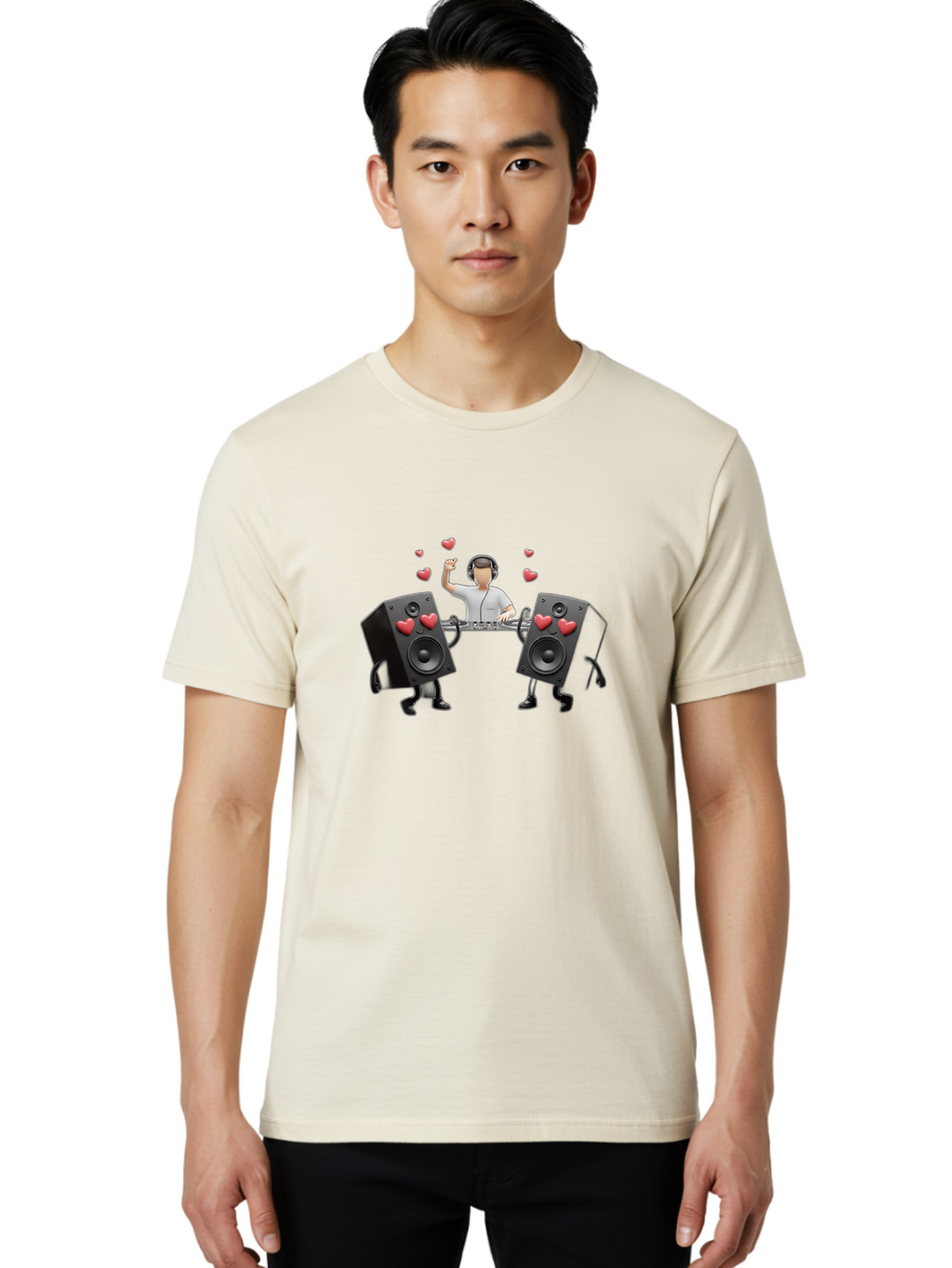 Dj-With-Heart-Speakers Men'S Graphic Tee, 100% Cotton, Comfortable Casual Summer Wear, Machine Washable, Dj Spinning Tracks, Speakers With Hearts, Love For Music, Electronic Dance Music, Party Atmosphere, Vibrant Setting, Bad049