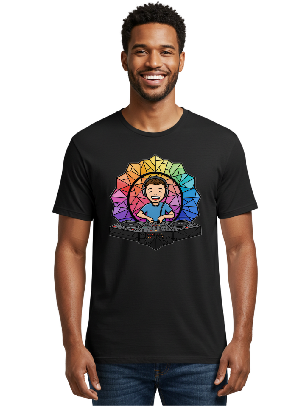 Dj Men'S Graphic Tee, 100% Cotton, Comfortable Casual Summer Wear, Machine Washable, Cartoon Dj, Boy Mixing Music, Dj Controller, Headphone-Wearing Dj, Colorful Geometric Shape, Happy Entertainer, Music Production, Modern Art Bad051
