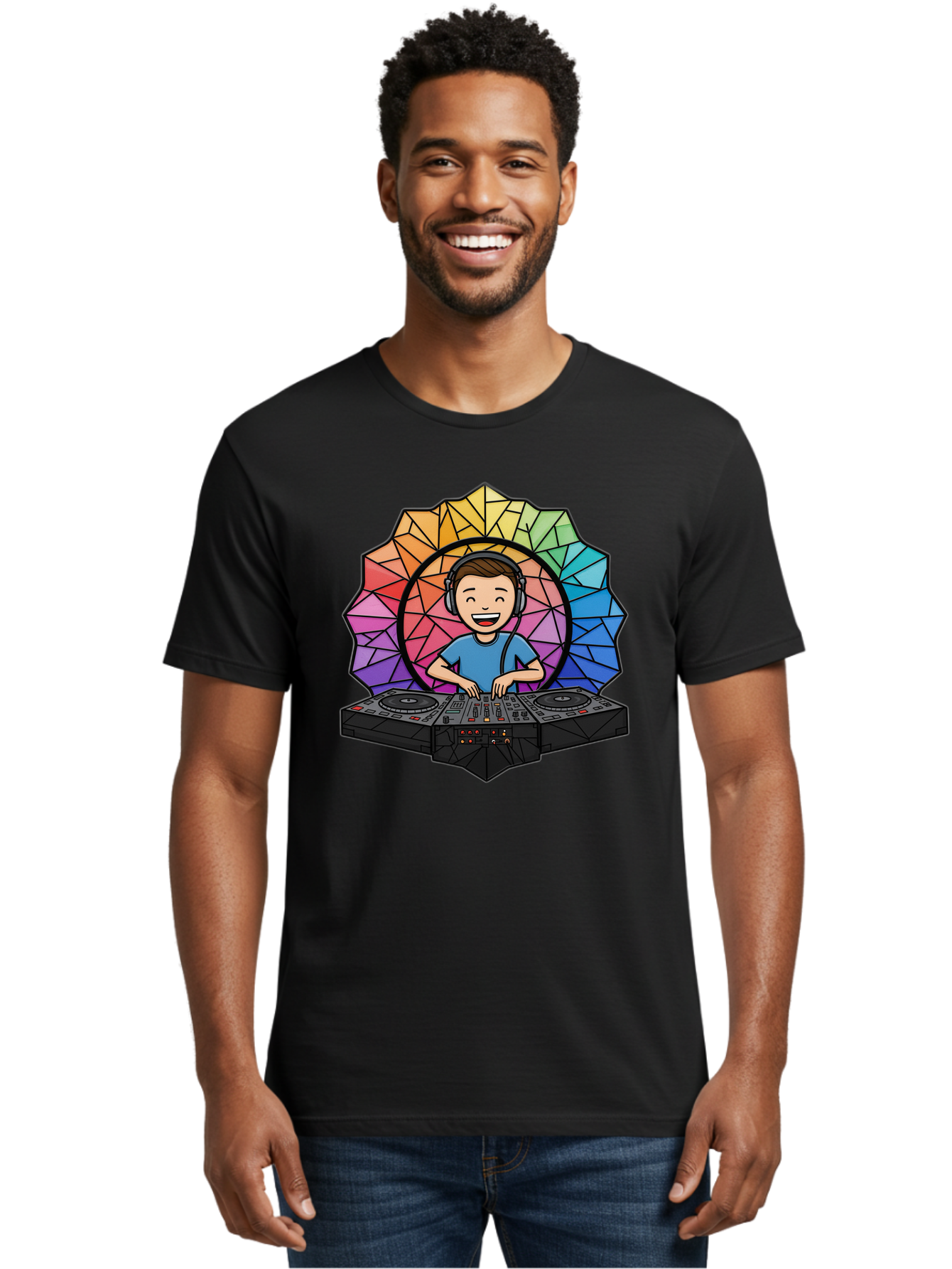 Dj Men'S Graphic Tee, 100% Cotton, Comfortable Casual Summer Wear, Machine Washable, Cartoon Dj, Boy Mixing Music, Dj Controller, Headphone-Wearing Dj, Colorful Geometric Shape, Happy Entertainer, Music Production, Modern Art Bad051
