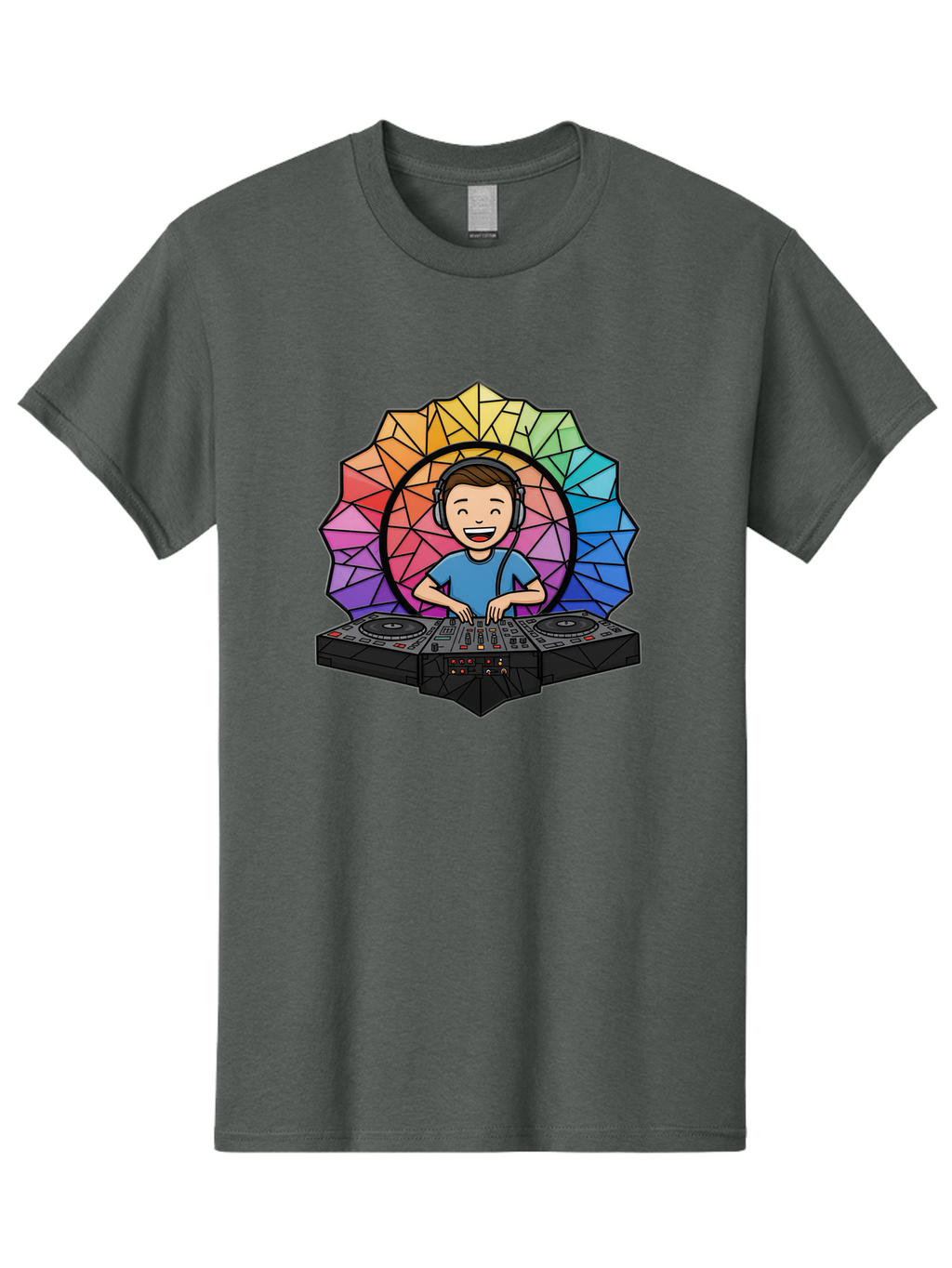 Dj Men'S Graphic Tee, 100% Cotton, Comfortable Casual Summer Wear, Machine Washable, Cartoon Dj, Boy Mixing Music, Dj Controller, Headphone-Wearing Dj, Colorful Geometric Shape, Happy Entertainer, Music Production, Modern Art Bad051