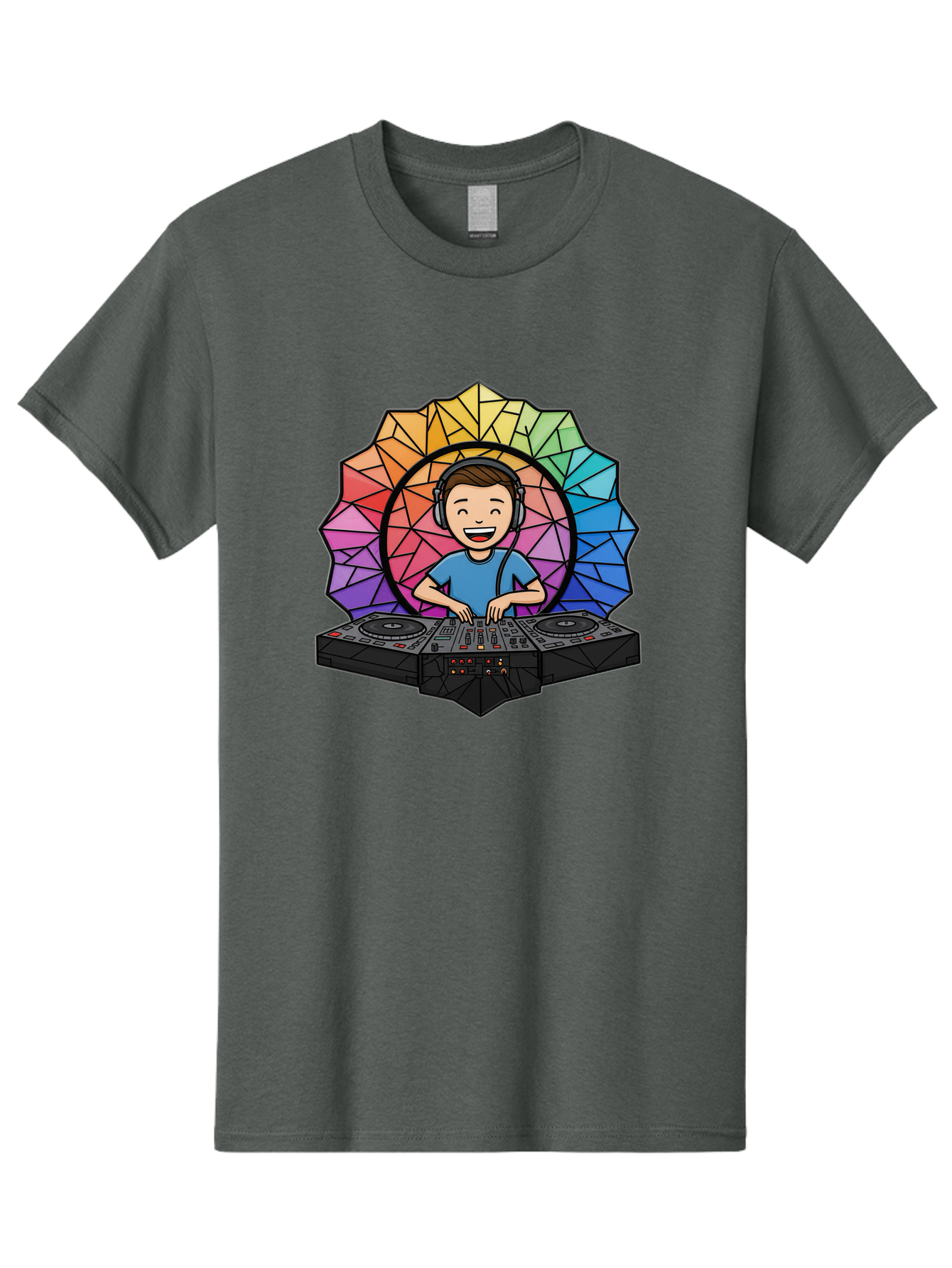 Dj Men'S Graphic Tee, 100% Cotton, Comfortable Casual Summer Wear, Machine Washable, Cartoon Dj, Boy Mixing Music, Dj Controller, Headphone-Wearing Dj, Colorful Geometric Shape, Happy Entertainer, Music Production, Modern Art Bad051