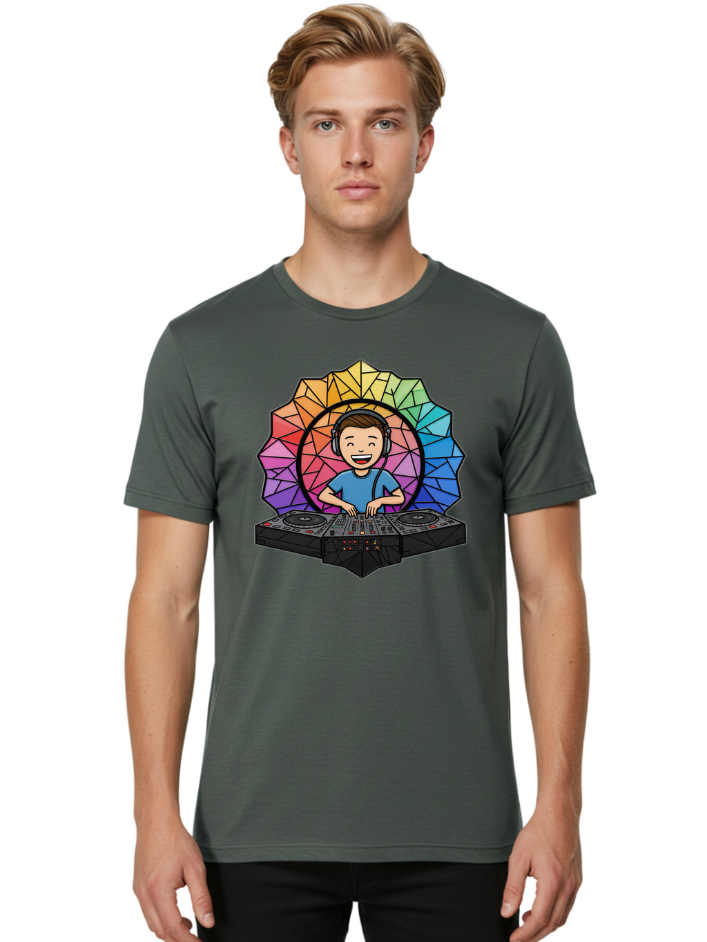 Dj Men'S Graphic Tee, 100% Cotton, Comfortable Casual Summer Wear, Machine Washable, Cartoon Dj, Boy Mixing Music, Dj Controller, Headphone-Wearing Dj, Colorful Geometric Shape, Happy Entertainer, Music Production, Modern Art Bad051