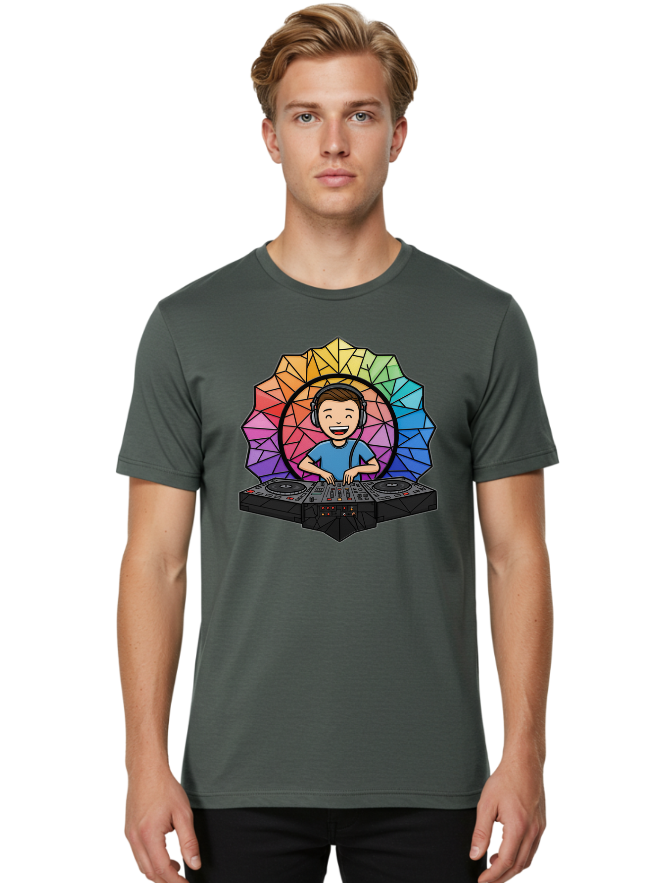 Dj Men'S Graphic Tee, 100% Cotton, Comfortable Casual Summer Wear, Machine Washable, Cartoon Dj, Boy Mixing Music, Dj Controller, Headphone-Wearing Dj, Colorful Geometric Shape, Happy Entertainer, Music Production, Modern Art Bad051