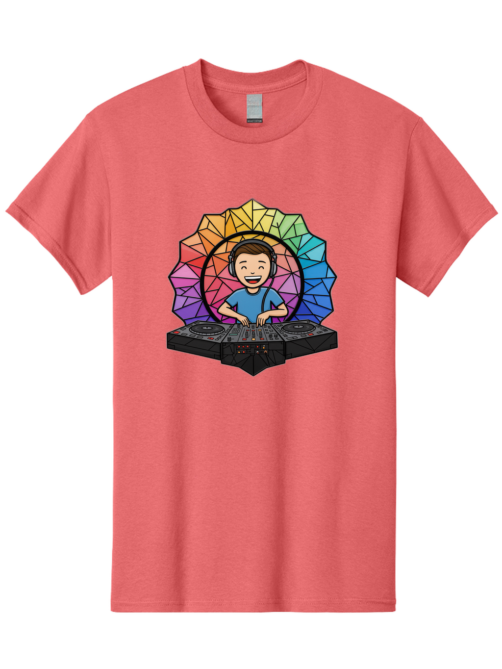 Dj Men'S Graphic Tee, 100% Cotton, Comfortable Casual Summer Wear, Machine Washable, Cartoon Dj, Boy Mixing Music, Dj Controller, Headphone-Wearing Dj, Colorful Geometric Shape, Happy Entertainer, Music Production, Modern Art Bad051