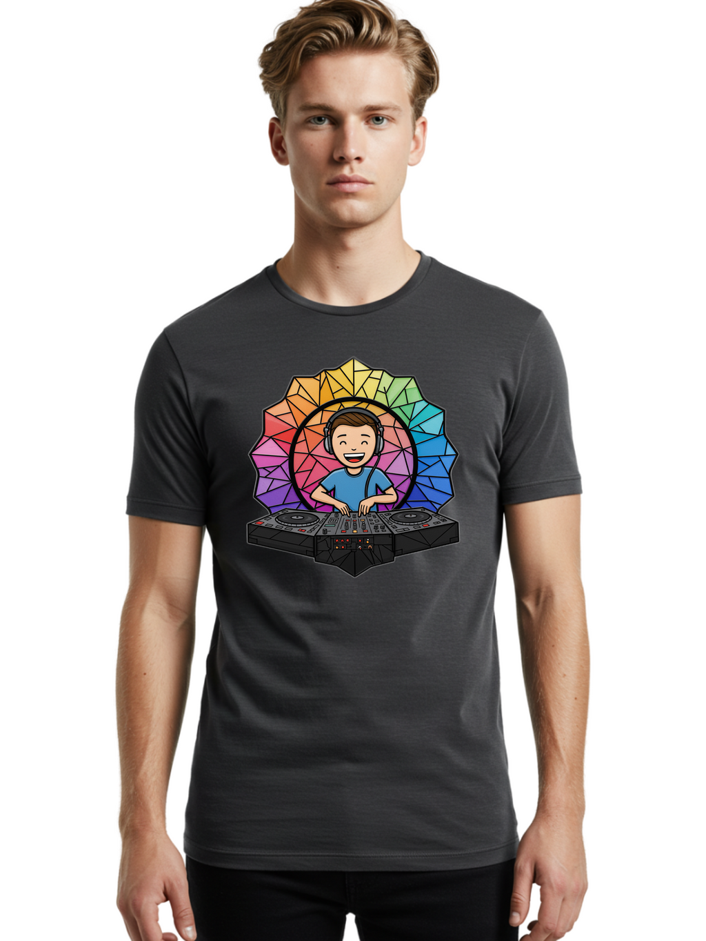 Dj Men'S Graphic Tee, 100% Cotton, Comfortable Casual Summer Wear, Machine Washable, Cartoon Dj, Boy Mixing Music, Dj Controller, Headphone-Wearing Dj, Colorful Geometric Shape, Happy Entertainer, Music Production, Modern Art Bad051
