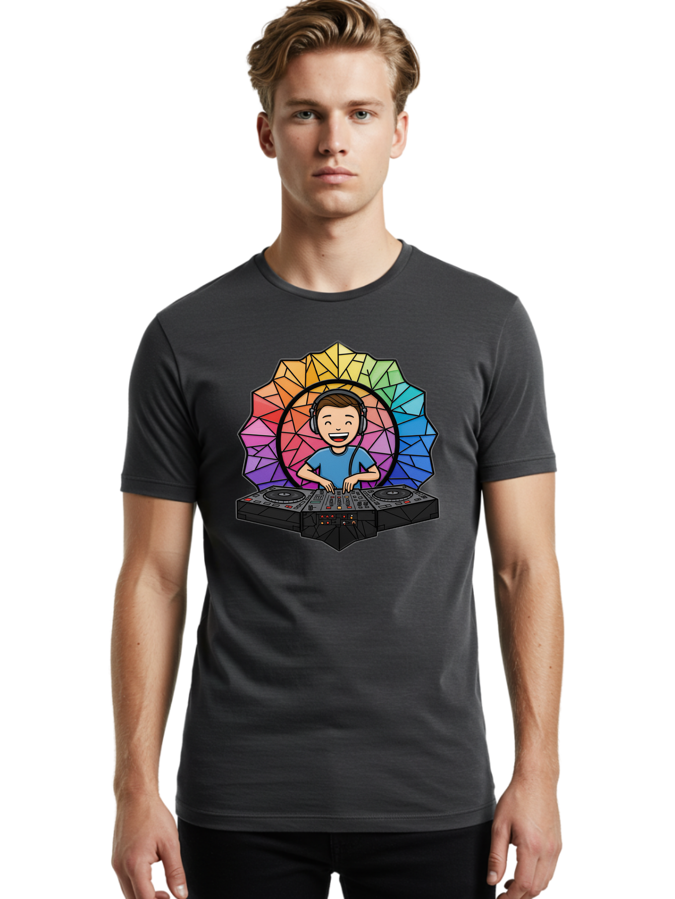 Dj Men'S Graphic Tee, 100% Cotton, Comfortable Casual Summer Wear, Machine Washable, Cartoon Dj, Boy Mixing Music, Dj Controller, Headphone-Wearing Dj, Colorful Geometric Shape, Happy Entertainer, Music Production, Modern Art Bad051