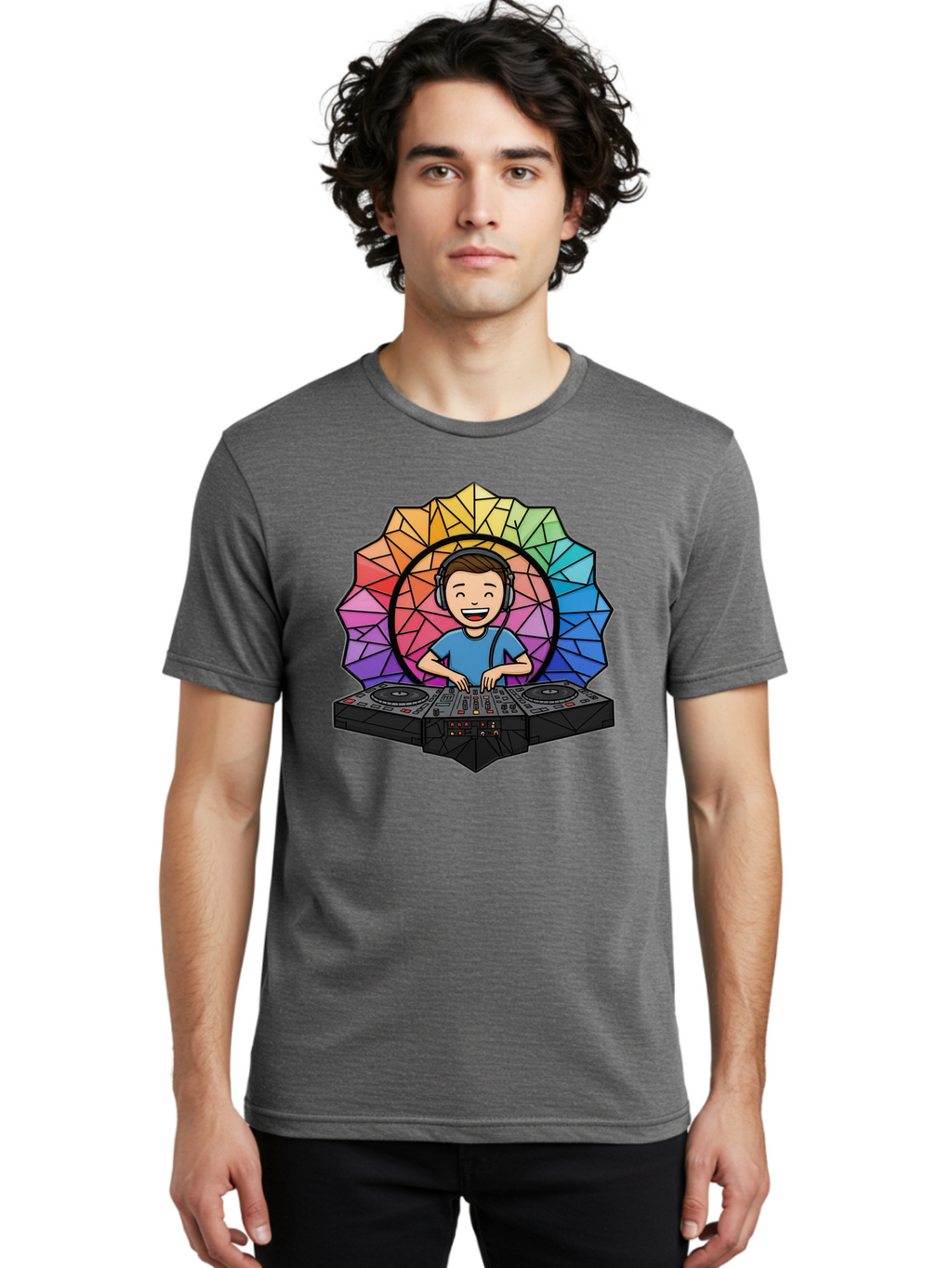 Dj Men'S Graphic Tee, 100% Cotton, Comfortable Casual Summer Wear, Machine Washable, Cartoon Dj, Boy Mixing Music, Dj Controller, Headphone-Wearing Dj, Colorful Geometric Shape, Happy Entertainer, Music Production, Modern Art Bad051