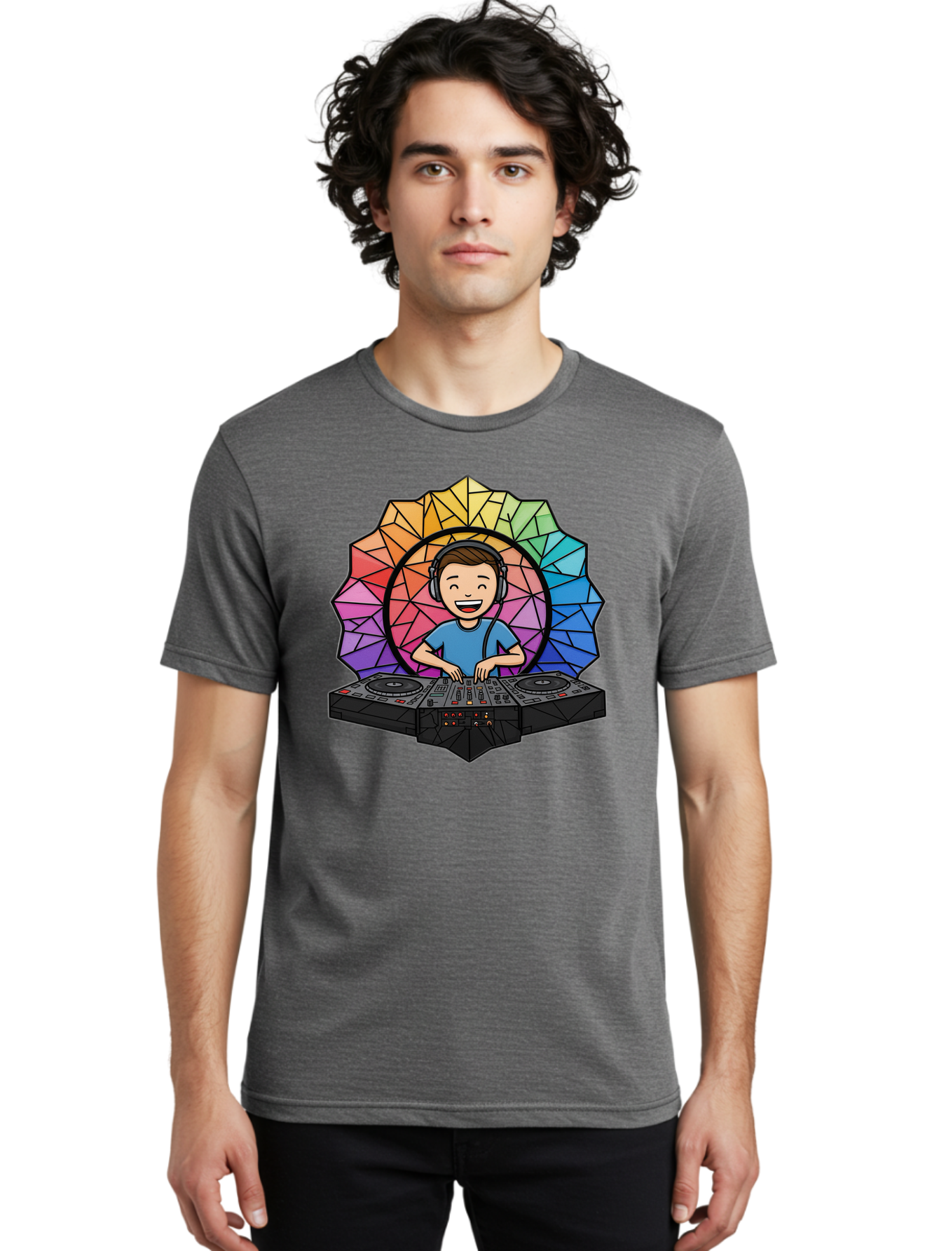 Dj Men'S Graphic Tee, 100% Cotton, Comfortable Casual Summer Wear, Machine Washable, Cartoon Dj, Boy Mixing Music, Dj Controller, Headphone-Wearing Dj, Colorful Geometric Shape, Happy Entertainer, Music Production, Modern Art Bad051