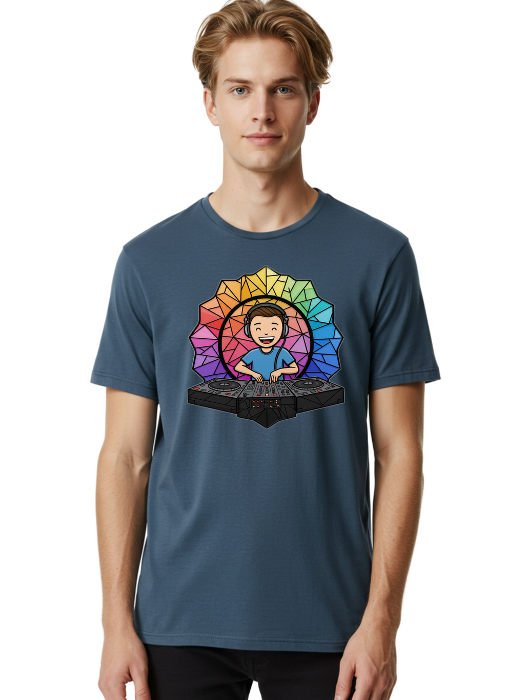Dj Men'S Graphic Tee, 100% Cotton, Comfortable Casual Summer Wear, Machine Washable, Cartoon Dj, Boy Mixing Music, Dj Controller, Headphone-Wearing Dj, Colorful Geometric Shape, Happy Entertainer, Music Production, Modern Art Bad051