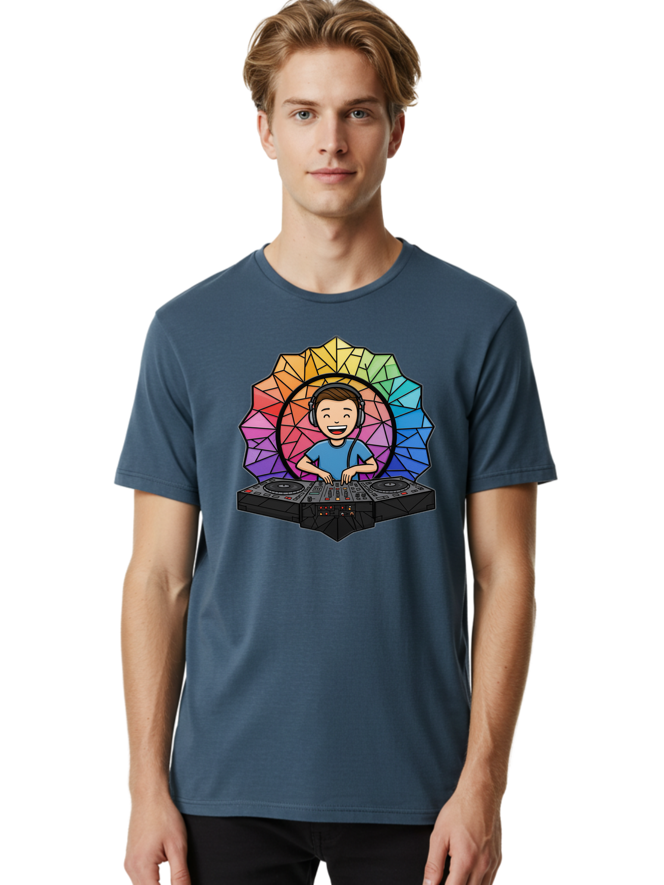 Dj Men'S Graphic Tee, 100% Cotton, Comfortable Casual Summer Wear, Machine Washable, Cartoon Dj, Boy Mixing Music, Dj Controller, Headphone-Wearing Dj, Colorful Geometric Shape, Happy Entertainer, Music Production, Modern Art Bad051
