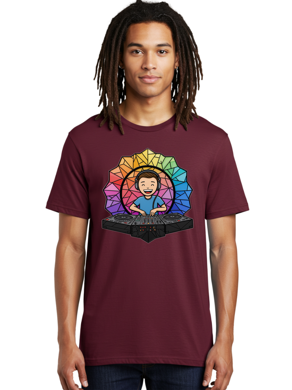Dj Men'S Graphic Tee, 100% Cotton, Comfortable Casual Summer Wear, Machine Washable, Cartoon Dj, Boy Mixing Music, Dj Controller, Headphone-Wearing Dj, Colorful Geometric Shape, Happy Entertainer, Music Production, Modern Art Bad051