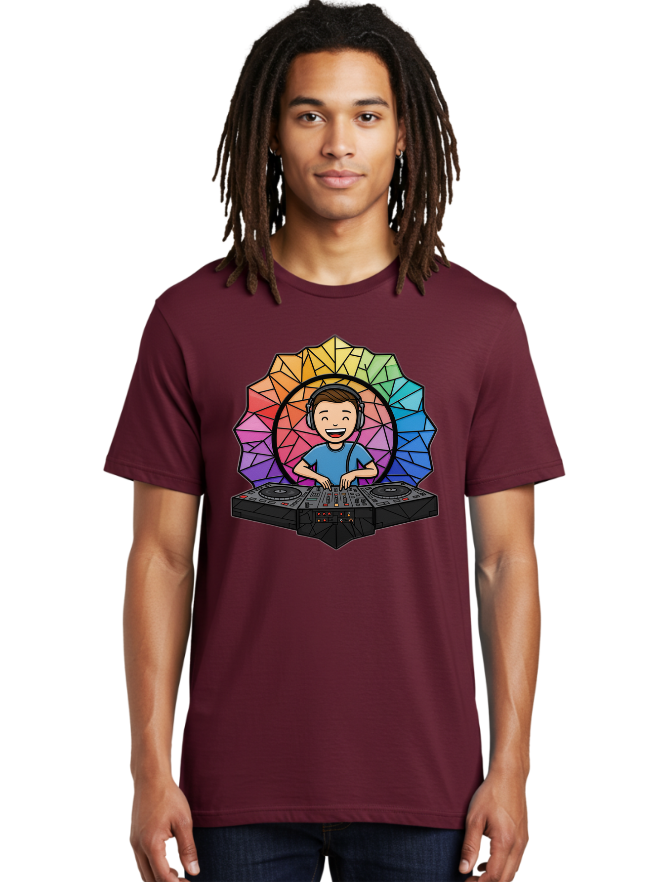Dj Men'S Graphic Tee, 100% Cotton, Comfortable Casual Summer Wear, Machine Washable, Cartoon Dj, Boy Mixing Music, Dj Controller, Headphone-Wearing Dj, Colorful Geometric Shape, Happy Entertainer, Music Production, Modern Art Bad051