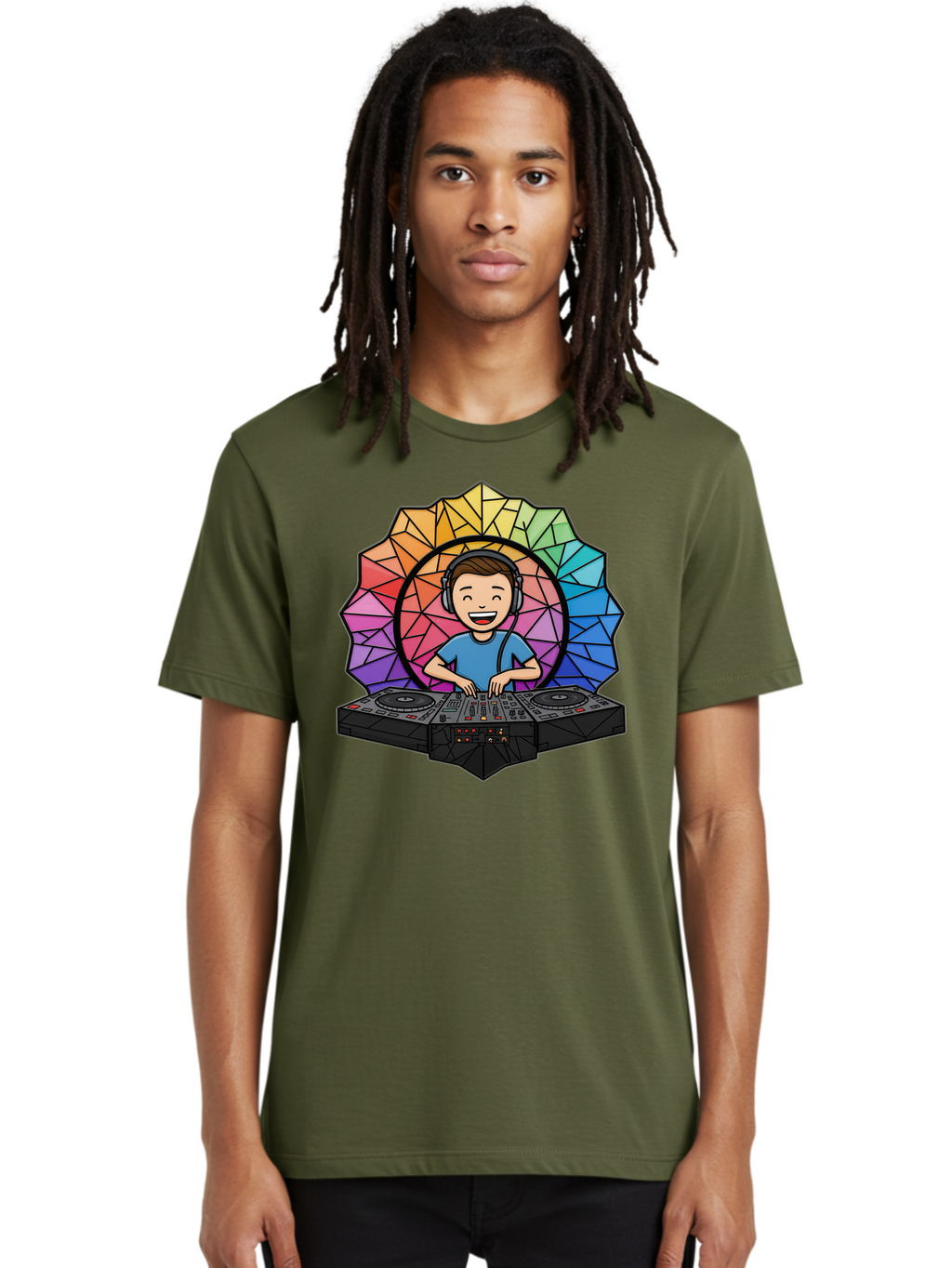 Dj Men'S Graphic Tee, 100% Cotton, Comfortable Casual Summer Wear, Machine Washable, Cartoon Dj, Boy Mixing Music, Dj Controller, Headphone-Wearing Dj, Colorful Geometric Shape, Happy Entertainer, Music Production, Modern Art Bad051