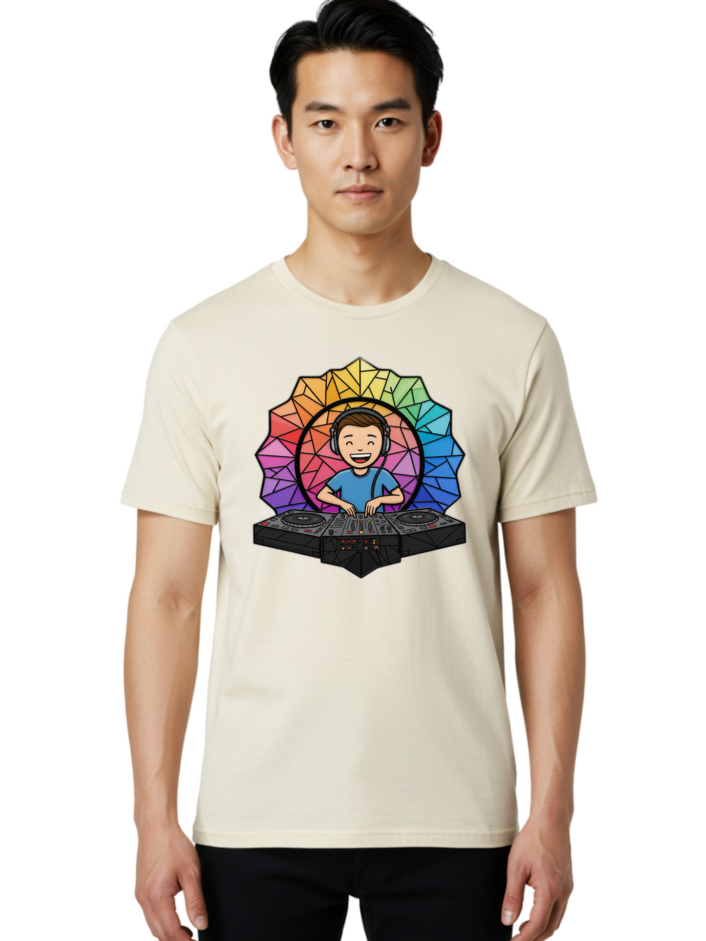 Dj Men'S Graphic Tee, 100% Cotton, Comfortable Casual Summer Wear, Machine Washable, Cartoon Dj, Boy Mixing Music, Dj Controller, Headphone-Wearing Dj, Colorful Geometric Shape, Happy Entertainer, Music Production, Modern Art Bad051
