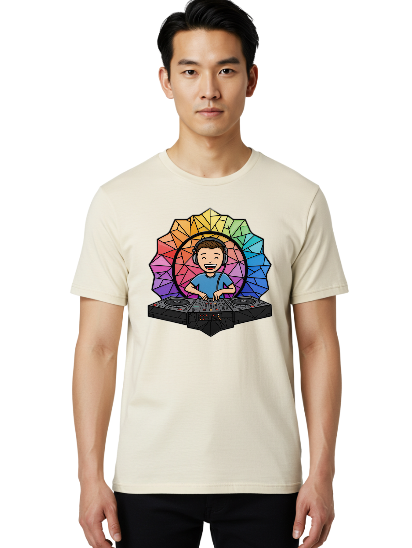 Dj Men'S Graphic Tee, 100% Cotton, Comfortable Casual Summer Wear, Machine Washable, Cartoon Dj, Boy Mixing Music, Dj Controller, Headphone-Wearing Dj, Colorful Geometric Shape, Happy Entertainer, Music Production, Modern Art Bad051