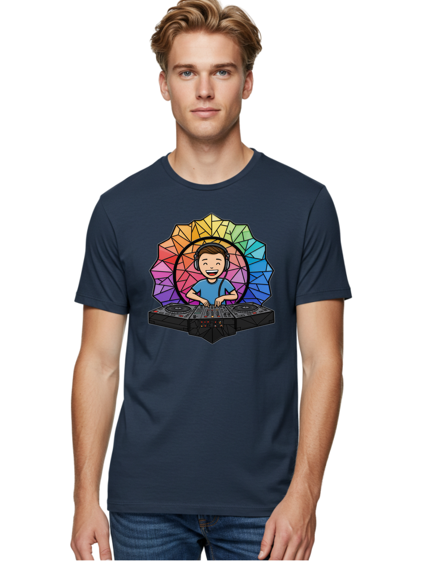 Dj Men'S Graphic Tee, 100% Cotton, Comfortable Casual Summer Wear, Machine Washable, Cartoon Dj, Boy Mixing Music, Dj Controller, Headphone-Wearing Dj, Colorful Geometric Shape, Happy Entertainer, Music Production, Modern Art Bad051
