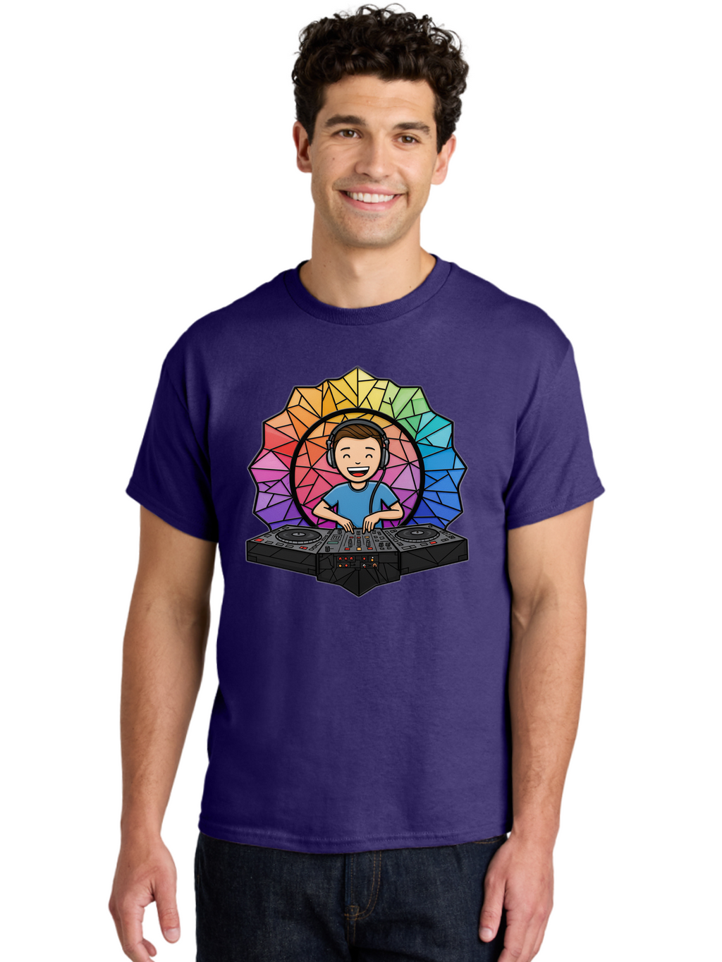 Dj Men'S Graphic Tee, 100% Cotton, Comfortable Casual Summer Wear, Machine Washable, Cartoon Dj, Boy Mixing Music, Dj Controller, Headphone-Wearing Dj, Colorful Geometric Shape, Happy Entertainer, Music Production, Modern Art Bad051