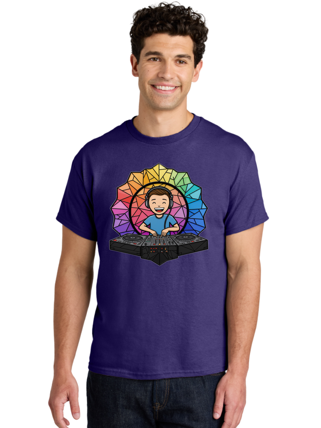Dj Men'S Graphic Tee, 100% Cotton, Comfortable Casual Summer Wear, Machine Washable, Cartoon Dj, Boy Mixing Music, Dj Controller, Headphone-Wearing Dj, Colorful Geometric Shape, Happy Entertainer, Music Production, Modern Art Bad051