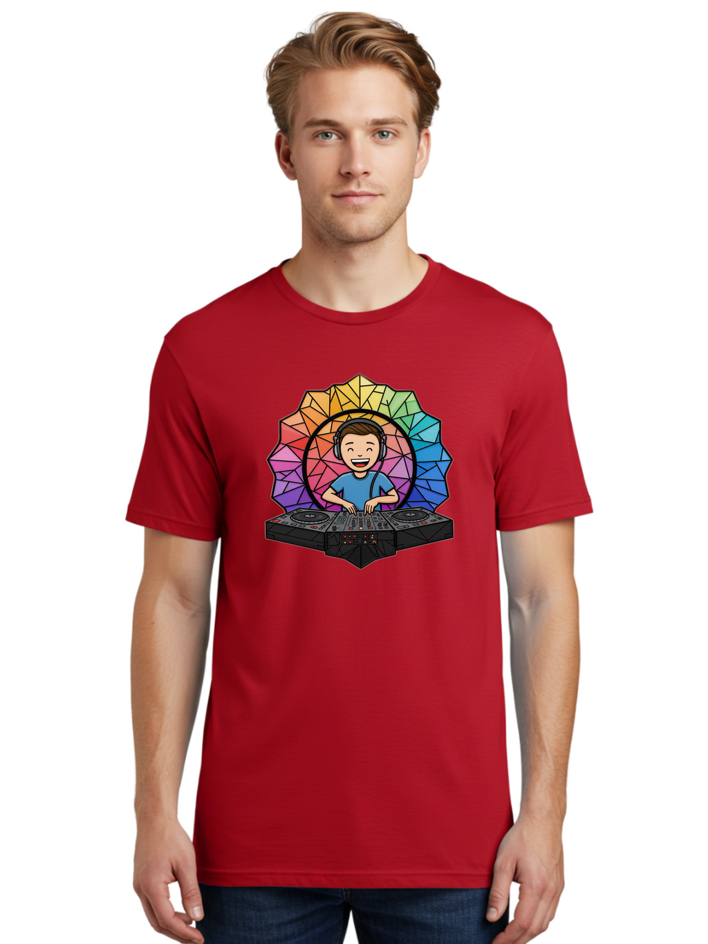 Dj Men'S Graphic Tee, 100% Cotton, Comfortable Casual Summer Wear, Machine Washable, Cartoon Dj, Boy Mixing Music, Dj Controller, Headphone-Wearing Dj, Colorful Geometric Shape, Happy Entertainer, Music Production, Modern Art Bad051