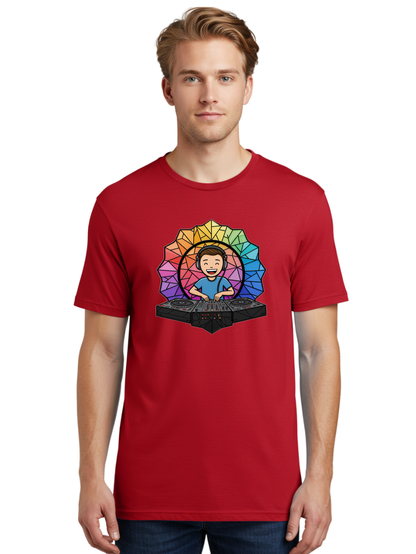 Dj Men'S Graphic Tee, 100% Cotton, Comfortable Casual Summer Wear, Machine Washable, Cartoon Dj, Boy Mixing Music, Dj Controller, Headphone-Wearing Dj, Colorful Geometric Shape, Happy Entertainer, Music Production, Modern Art Bad051