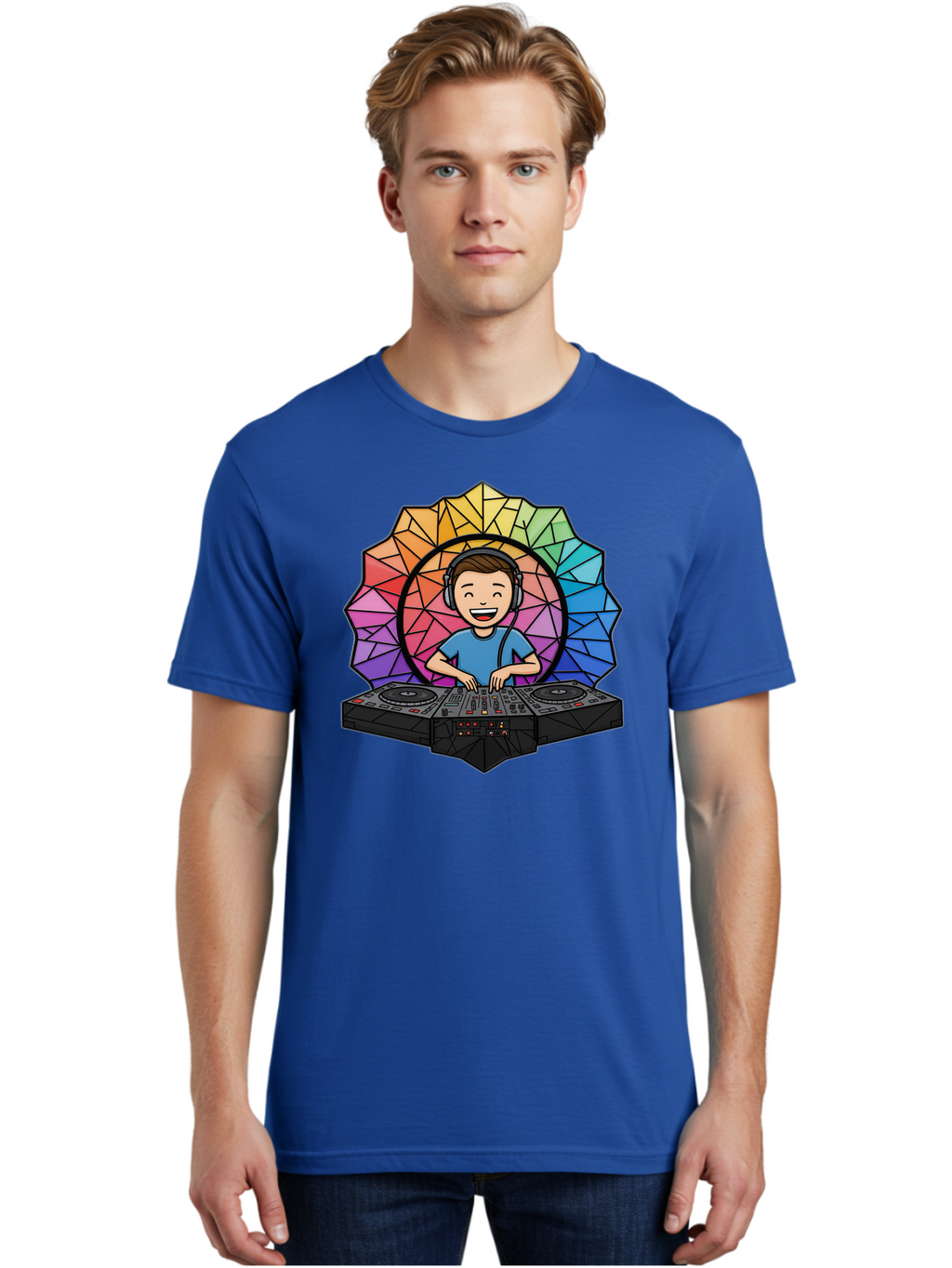 Dj Men'S Graphic Tee, 100% Cotton, Comfortable Casual Summer Wear, Machine Washable, Cartoon Dj, Boy Mixing Music, Dj Controller, Headphone-Wearing Dj, Colorful Geometric Shape, Happy Entertainer, Music Production, Modern Art Bad051