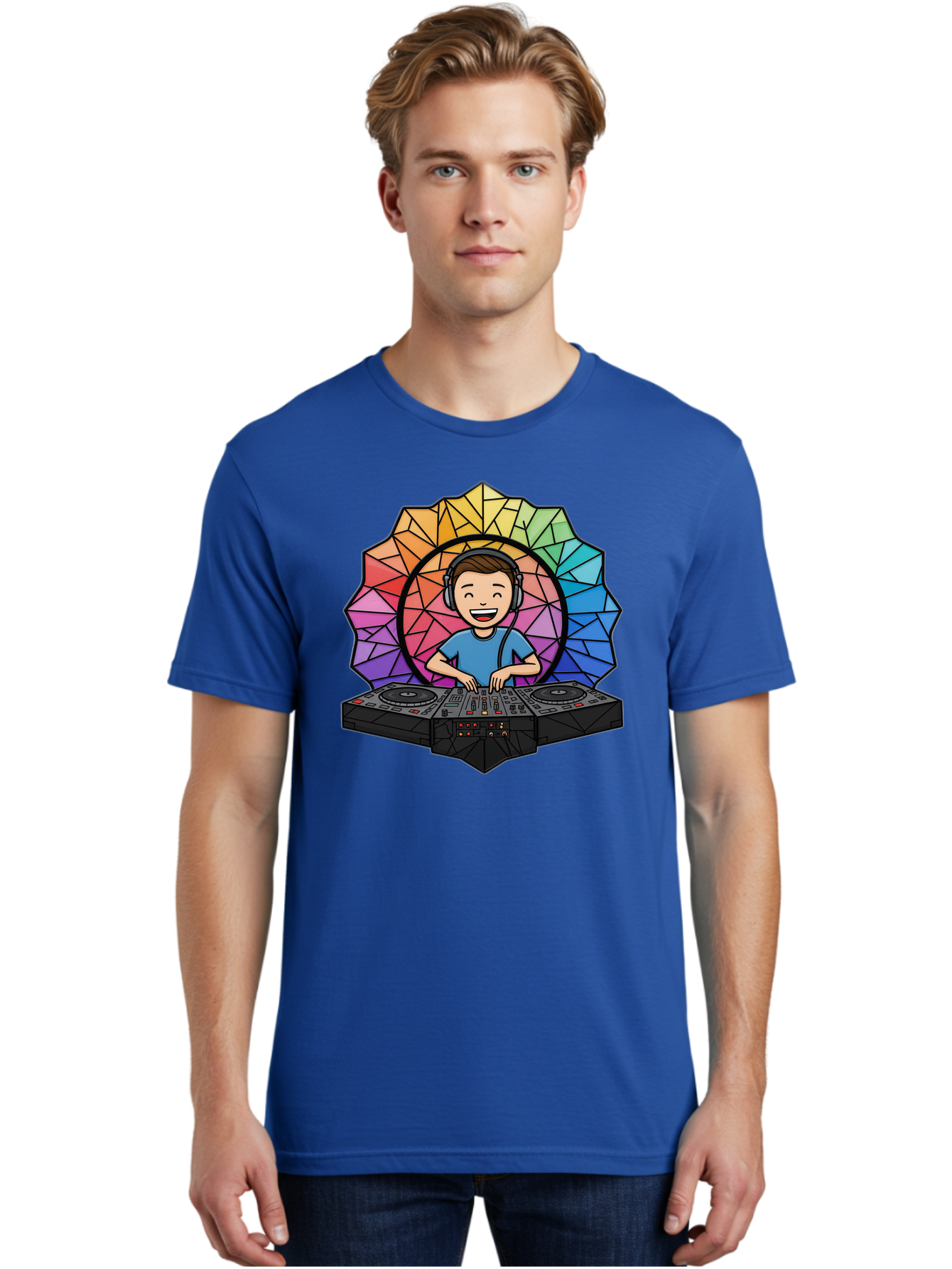 Dj Men'S Graphic Tee, 100% Cotton, Comfortable Casual Summer Wear, Machine Washable, Cartoon Dj, Boy Mixing Music, Dj Controller, Headphone-Wearing Dj, Colorful Geometric Shape, Happy Entertainer, Music Production, Modern Art Bad051